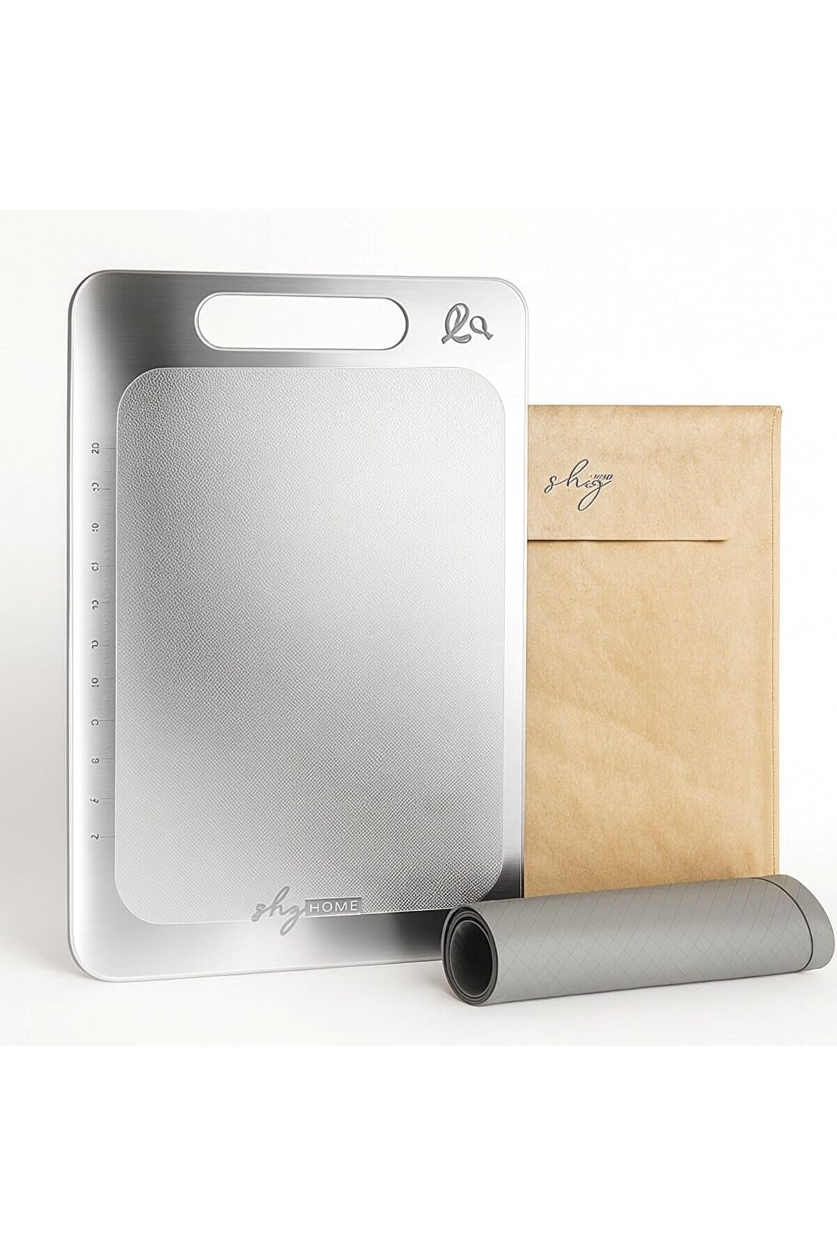 STOREMAX Home Özel Tasarımlı 304 Paslanmaz Çelik Kesme Tahtası 3lü set (Saklama Kılıfı, Kesme Tahtası ve Sili