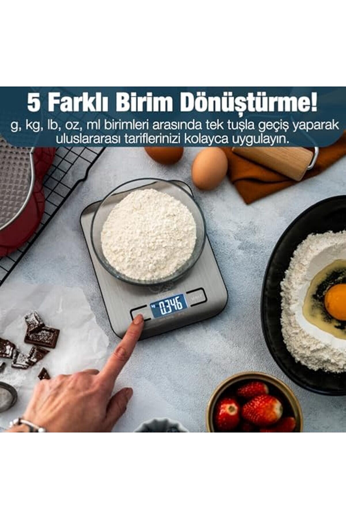 Modashi̇ne Mutfak Terazi̇si̇ - Paslanmaz Çeli̇k Yüzeyli̇ Mutfak Tartısı - Dara İşlevi̇, Led Ekran, 5 Bi̇ri̇m