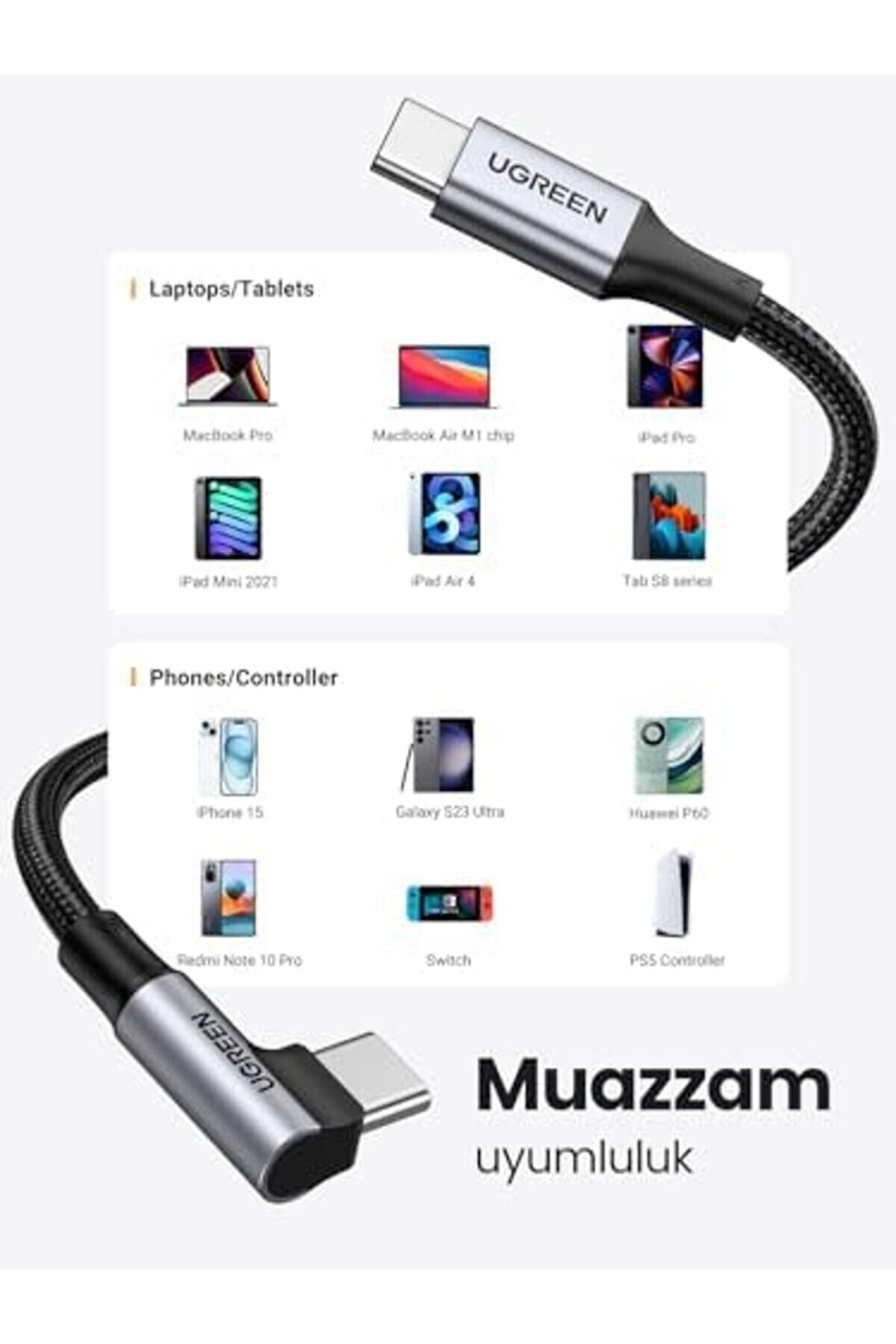 Svngsphereshop Type-C To Type-C 100 W 5A &Ouml;rg&uuml;l&uuml; 90 Derece Şarj Kablosu 1 Metre Svngsphereshop 917250