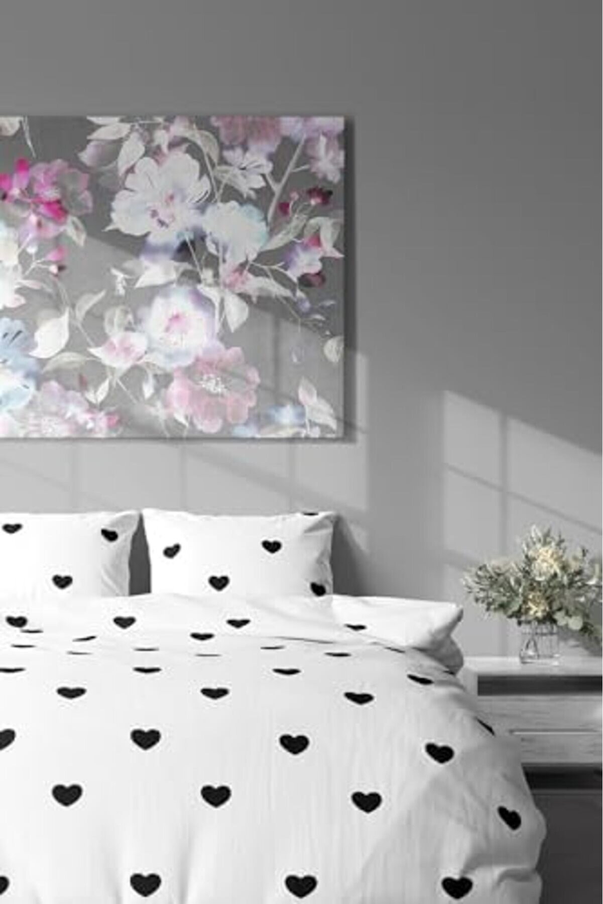 Teksti̇l Pamuklu &Ccedil;i̇ft Ki̇şi̇li̇k Nevresi̇m Seti̇ | Nevresi̇m Ve Yastık Kılıfı | &Ccedil;arşafsız Si̇yah Kalp Desenl