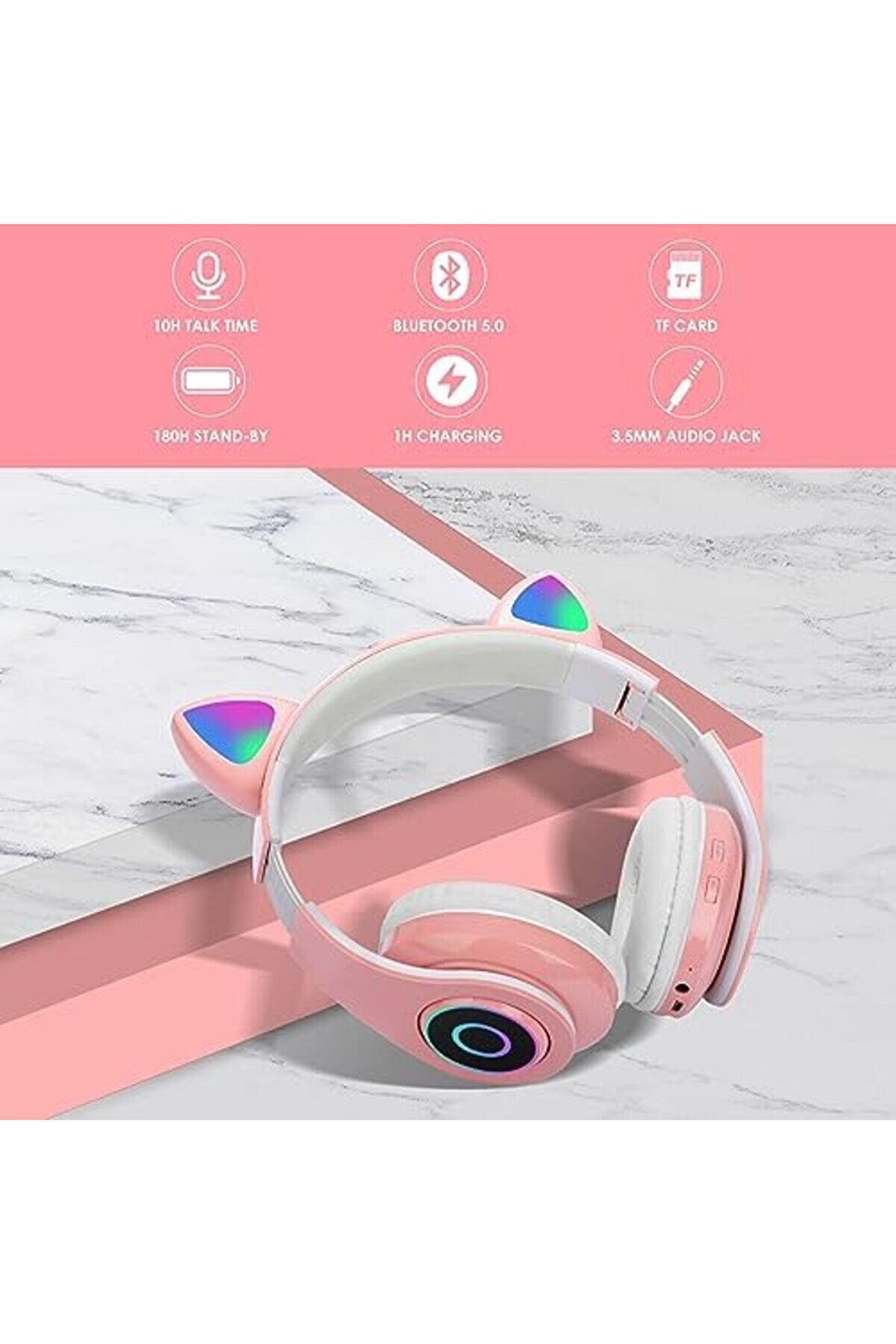 Pltnstoreshop Bluetooth Kulaklık Kız Çocuk Kulak Üstü Kedi̇ Kulaklığı Rgb Led Işık Katlanabi̇li̇r Stere