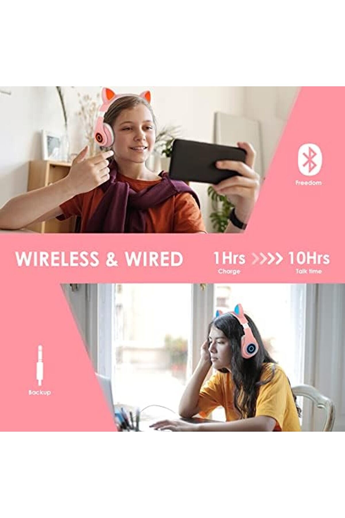 Pltnstoreshop Bluetooth Kulaklık Kız Çocuk Kulak Üstü Kedi̇ Kulaklığı Rgb Led Işık Katlanabi̇li̇r Stere