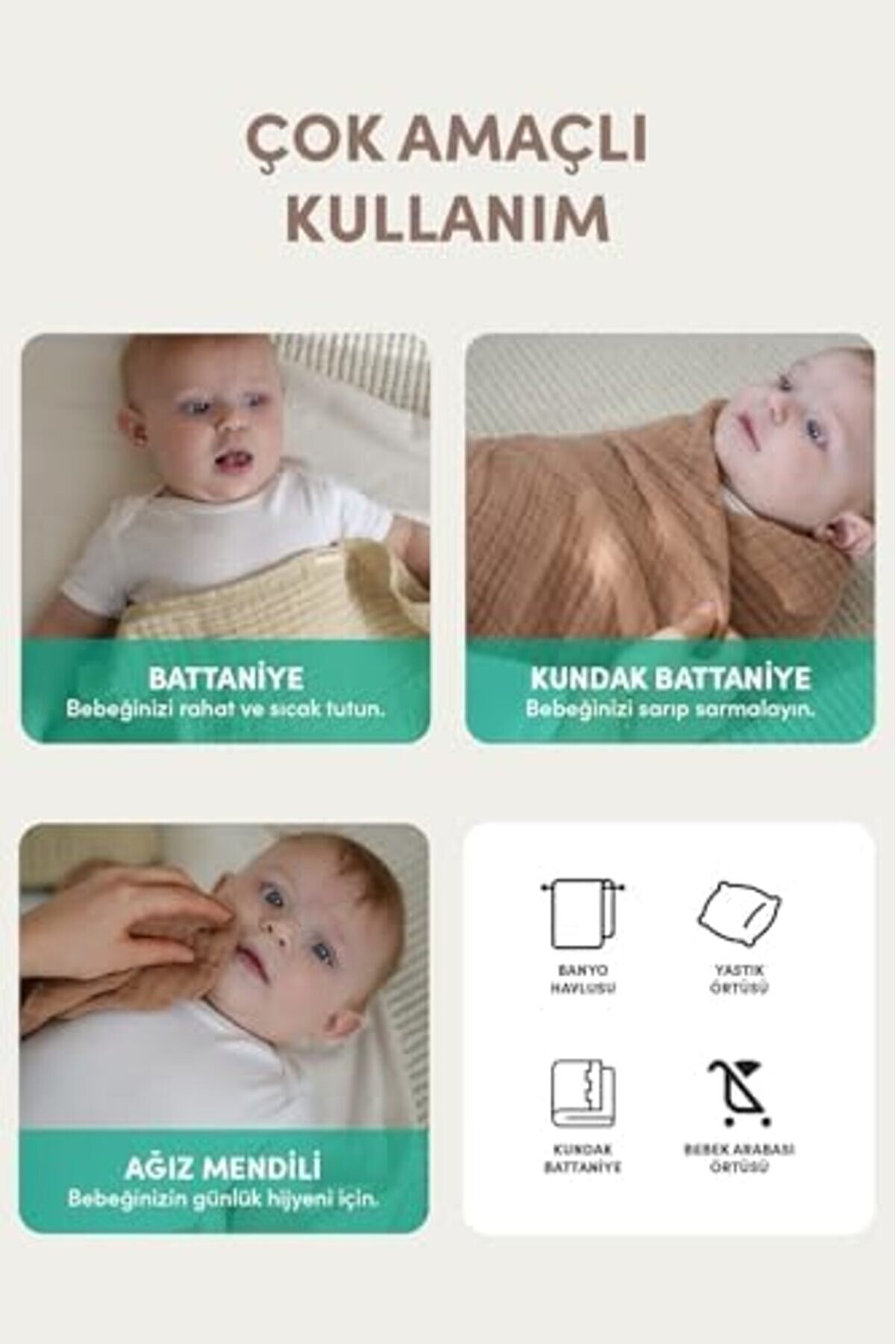 Mrtshoppng Müsli̇n Bebek Kundak Örtüsü 120X120 Cm -%100 Pamuk 4 Kat Müsli̇n Bebek Battani̇ye (Bej) Mrts