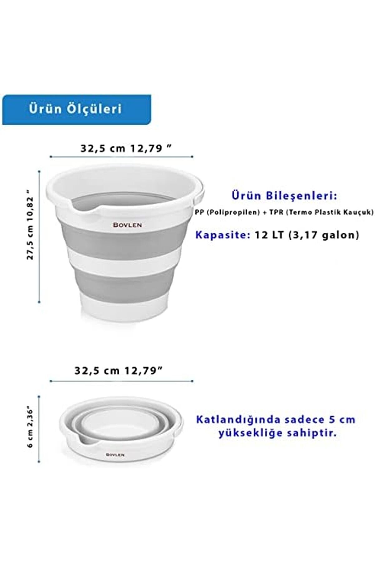 Li̇tre Katlanabi̇li̇r Kova - Akordi̇yon Katlanır Kova - Araba Kovası - Gri̇ - 32.5 X 27.5 X 6 Cm - Pp+ Tp