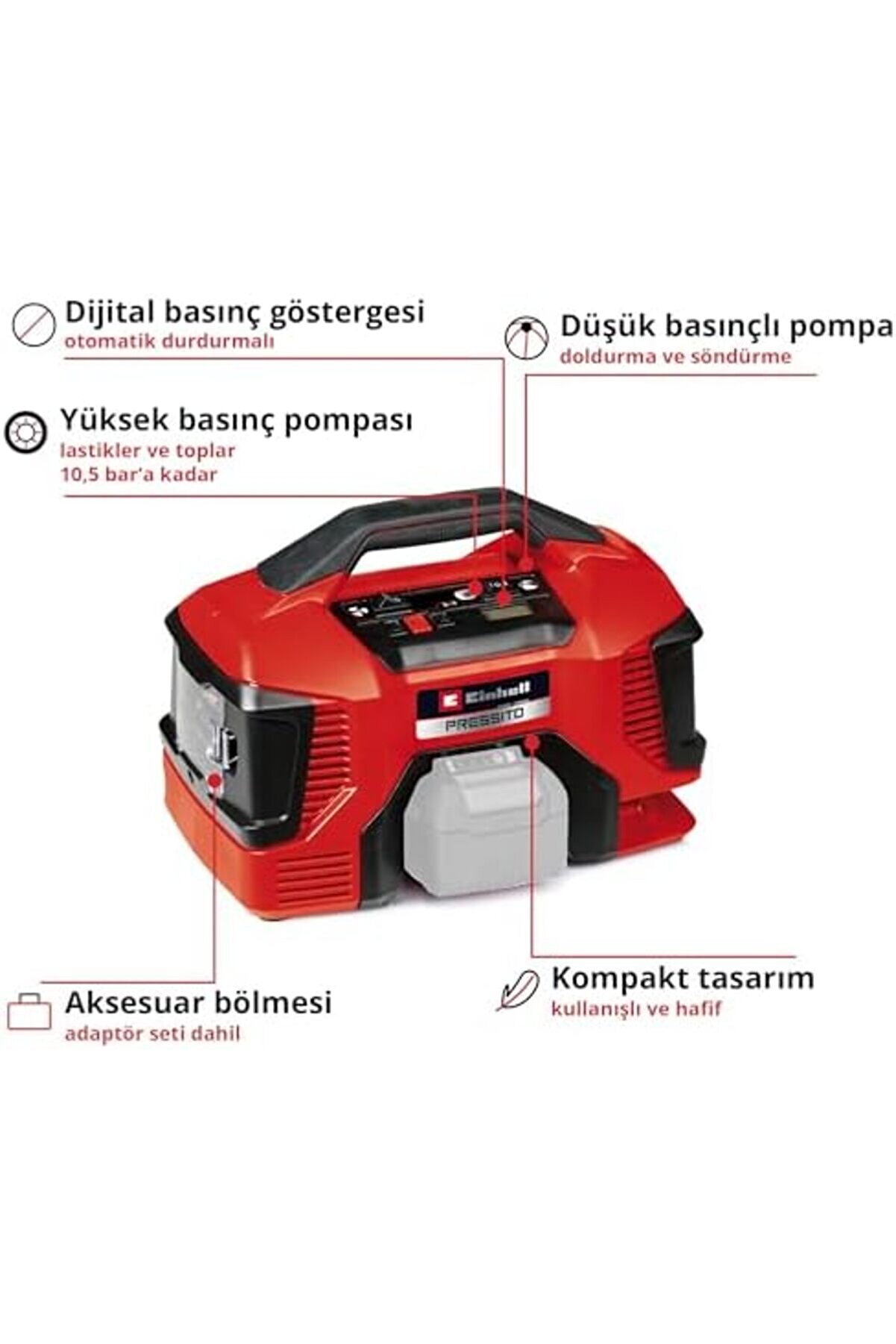 Pressi̇to 18/21 Power X- Ak&uuml;l&uuml; Hava Kompres&ouml;r&uuml; (18 V, Maks. 10.5 Bar, 21 L/Dk Emi̇ş G&uuml;c&uuml;, 18000 Rpm Mo