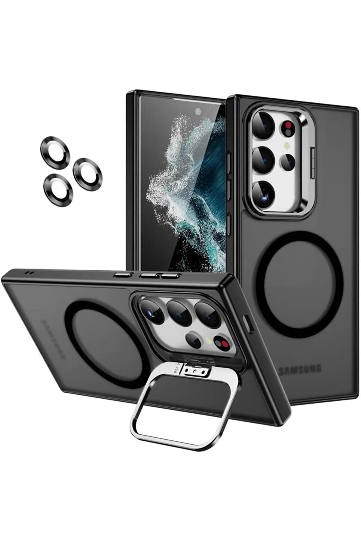 STOREMAX için Kılıf Kamera Korumalı Şarj Özellikli Mat Şeffaf Renkli Kılıf (Lens Hediyeli) (Siyah, S23 Ultra)