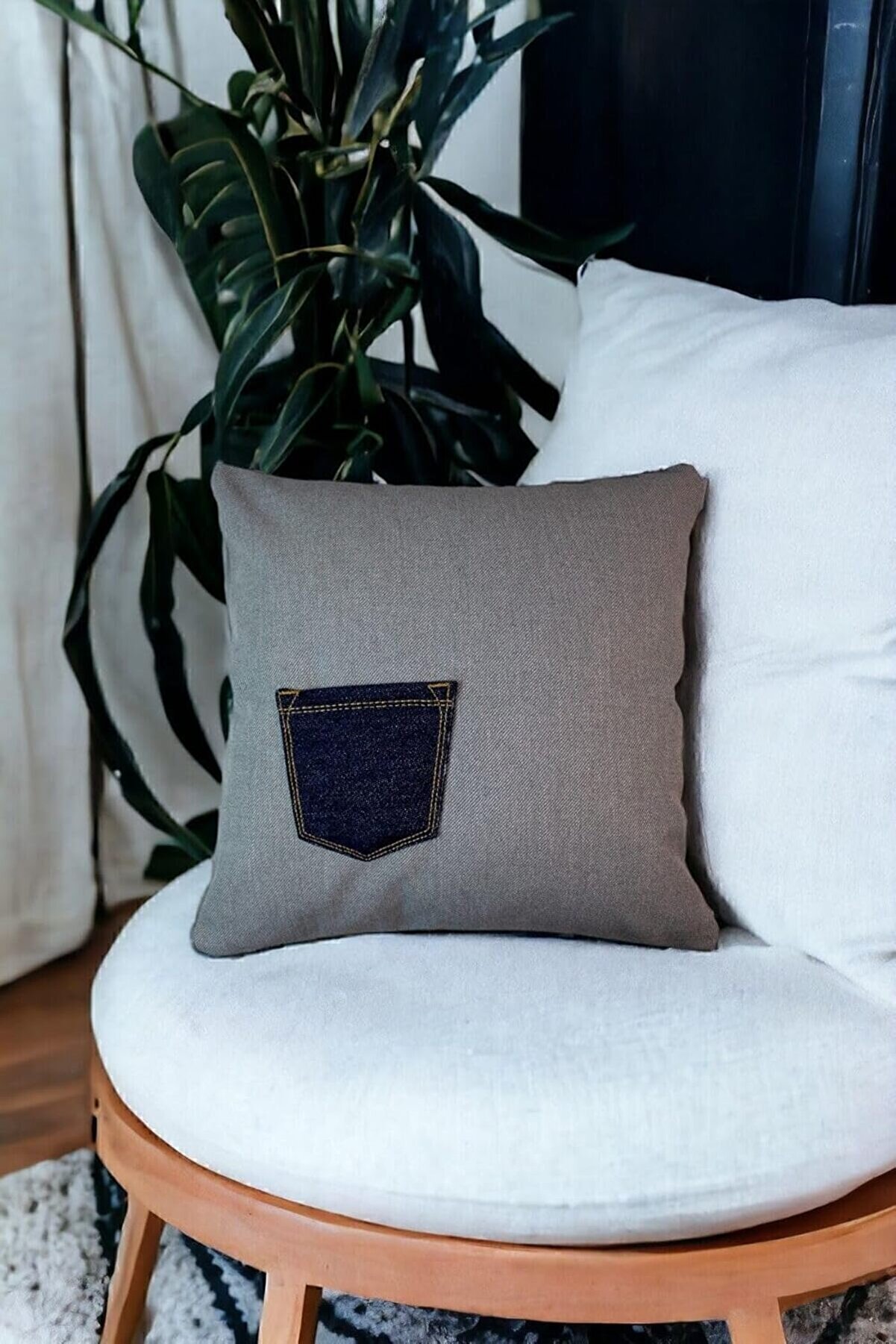 STOREMAX svngsphereshop Kot Kumaştan Cep Detaylı 43X43 Dekoratif Kırlent Kılıfı Gri Denim Modern svngspheresh