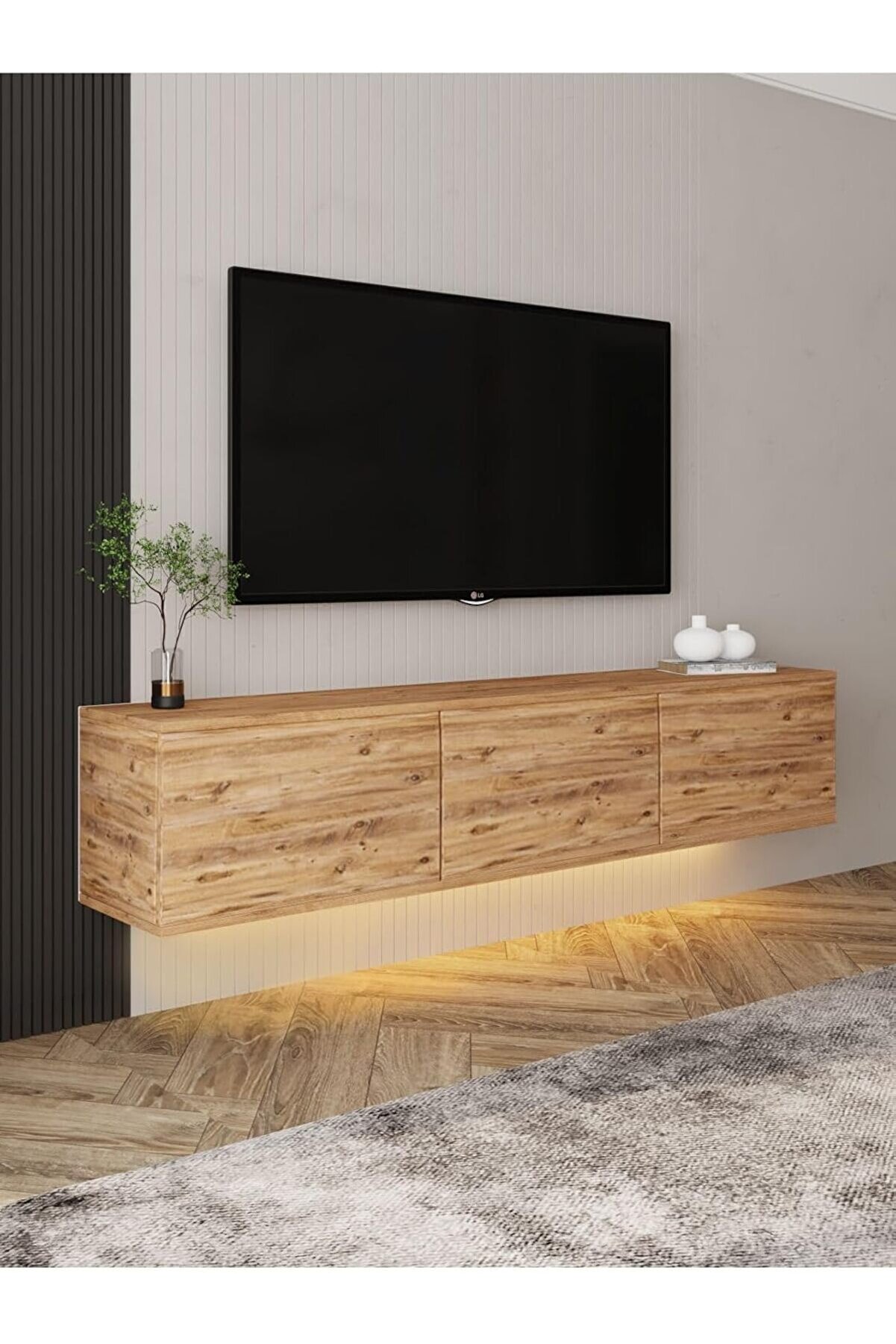 STOREMAX elizzashop Dizayn Neon Led Işıklı, Duvara Monte, 3 Kapaklı Tv Ünitesi, Tv Sehpası Atlantik Çam elizz