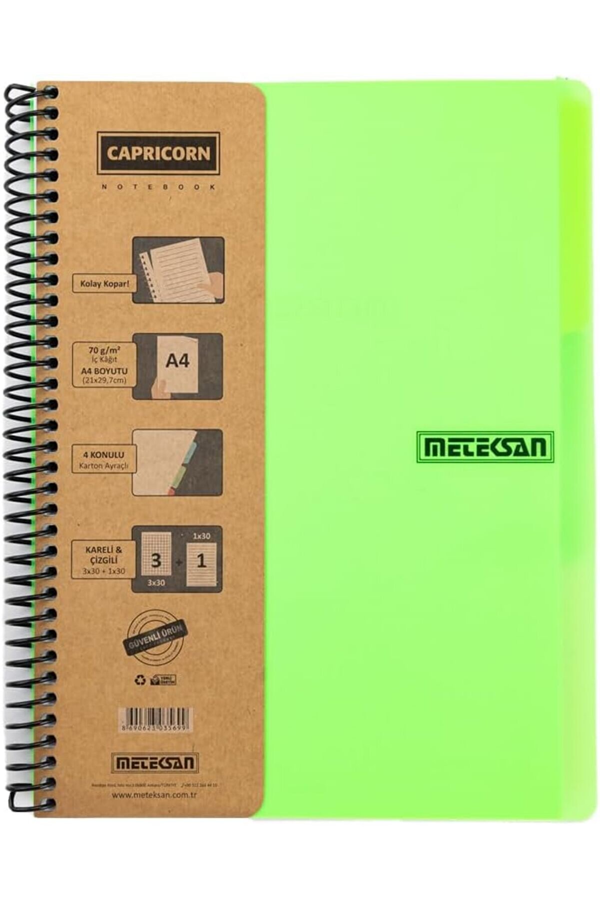 STOREMAX Neon Serisi, A4, 6 Konulu (3, 3 Çizgili) 180 Yaprak PP Kapaklı Spiralli Defter, Yeşil 1014773