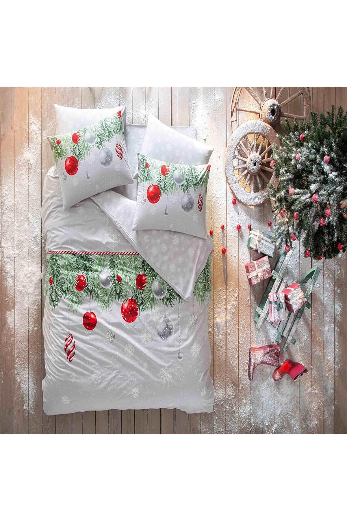 STOREMAX Snowflake Desenli%100 Pamuk Nevresim Takımı, Yeşil, Çift Kişilik (Nevresim: 200x220 cm/Çarşaf: 240x2