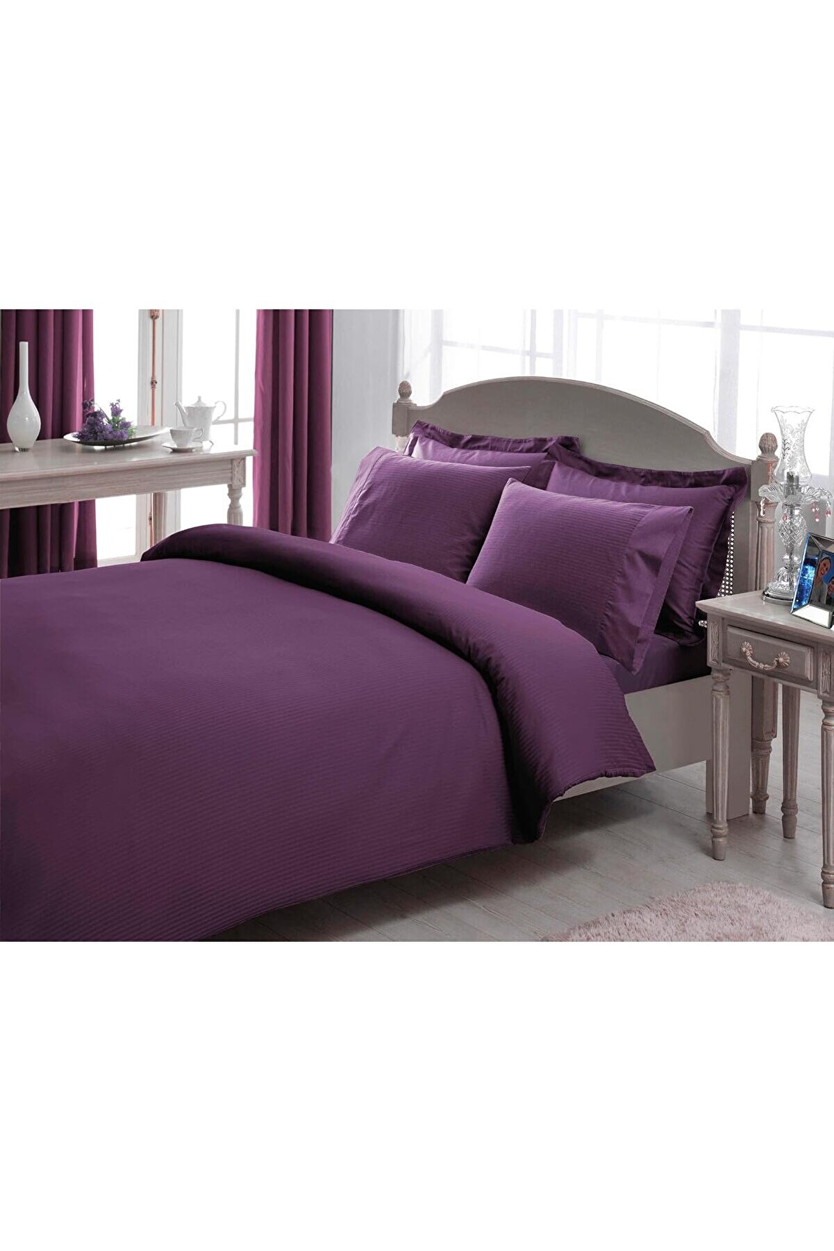 STOREMAX Basic Stripe Düz%100 Pamuk Nevresim Takımı, Mürdüm, Çift Kişilik 1014773