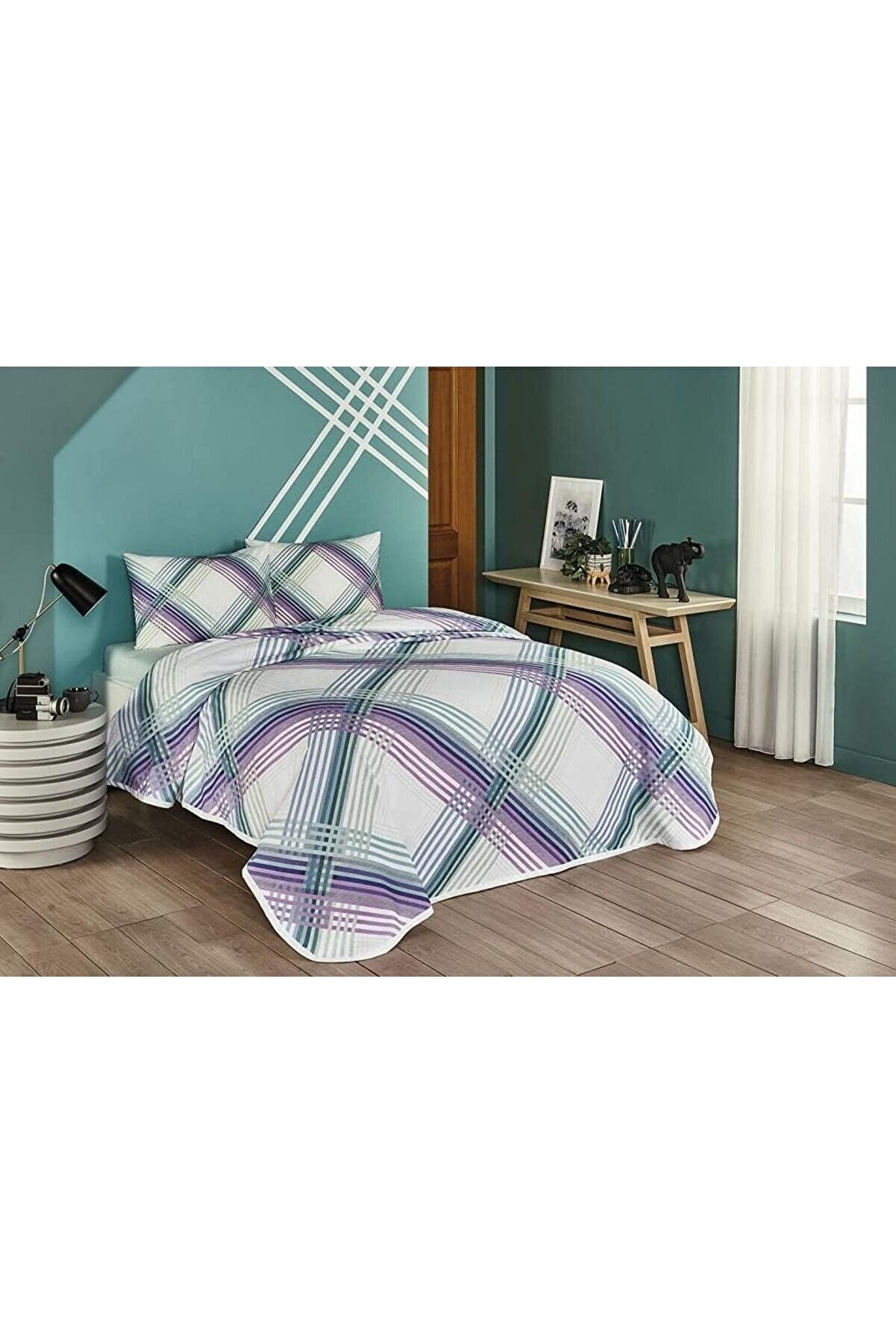 STOREMAX Lewis Geometrik Desenli%100 Pamuk Pike Takımı, Mint, Tek Kişilik (Pike: 160x230 cm/Lastikli Çarşaf: