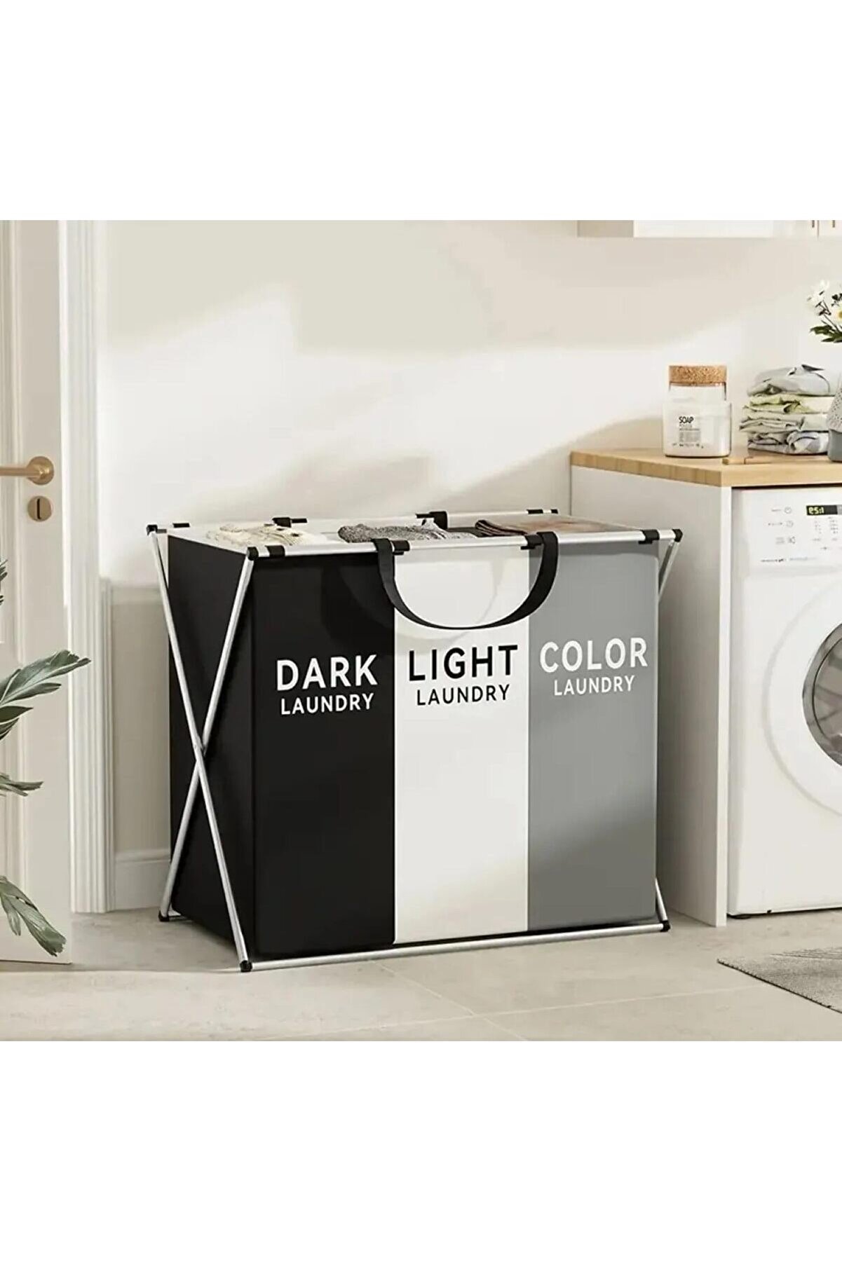 STOREMAX 3 Bölmeli Katlanabilir Çamaşır Sepeti – Siyah, Beyaz ve Gri Renklerde, Dayanıklı ve Şık Tasarım, Yık