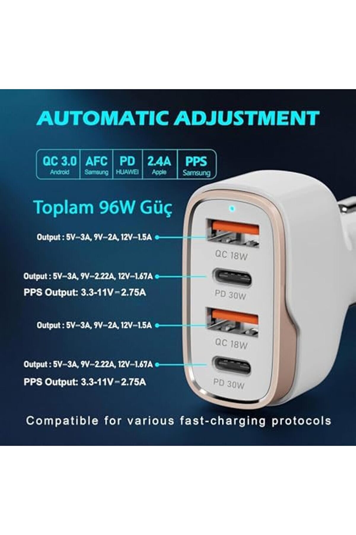 Mt36 4 Portlu Type-C Usb Araç Hızlı Şarj Çakmaklık Toplamda 96W Şarj Gücü Qc 3.0 18W Pd 30W Turbo Şa