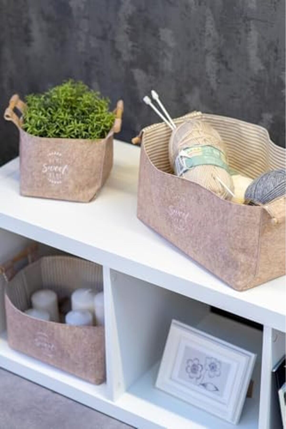 Mrtshoppng Keçe Tahta Saplı Düzeleyi̇ci̇ Sepet - Çok Amaçlı Saklama Organi̇zer Kutu Maxi̇ 25X18X15Cm - M