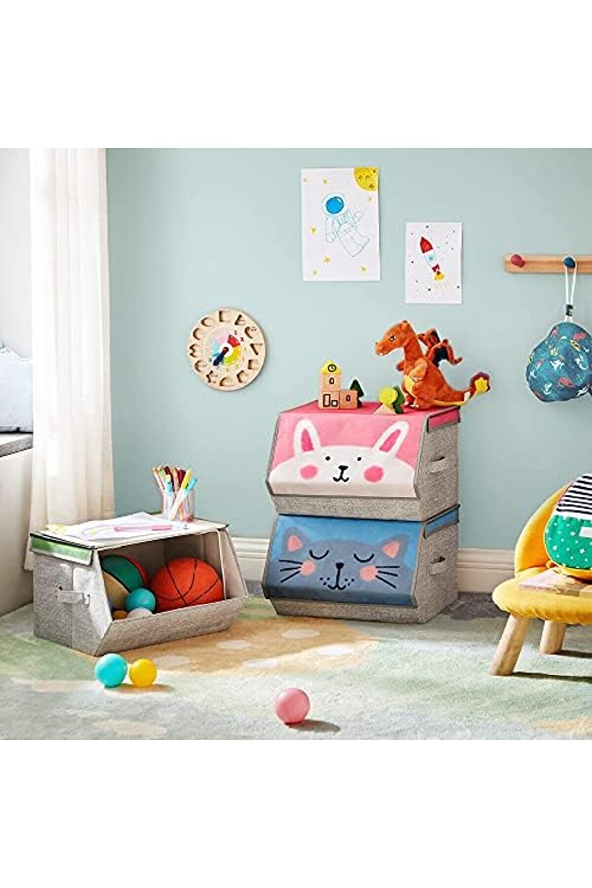 Saklama Kutuları, 3 Lü Set, Katlanır Kutular, Kulplu Kumaş Kutular, Oyuncak Düzenleyi̇ci̇, Manyet