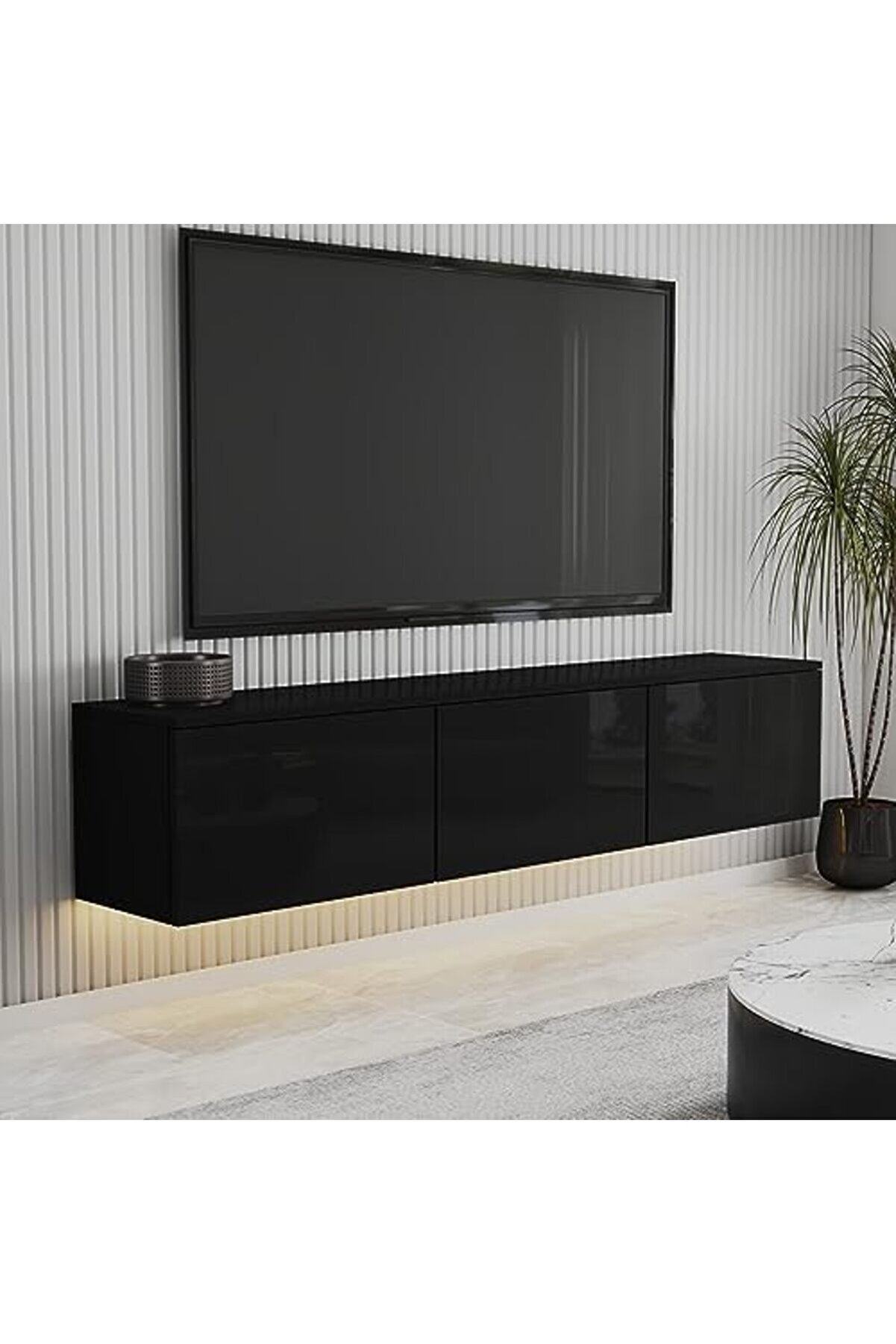Alston 3 Kapaklı Duvara Monte Tv Üni̇tesi̇ – Led Işıklı, Modern Tasarım, 160 Cm, Parlak Si̇yah 1175713