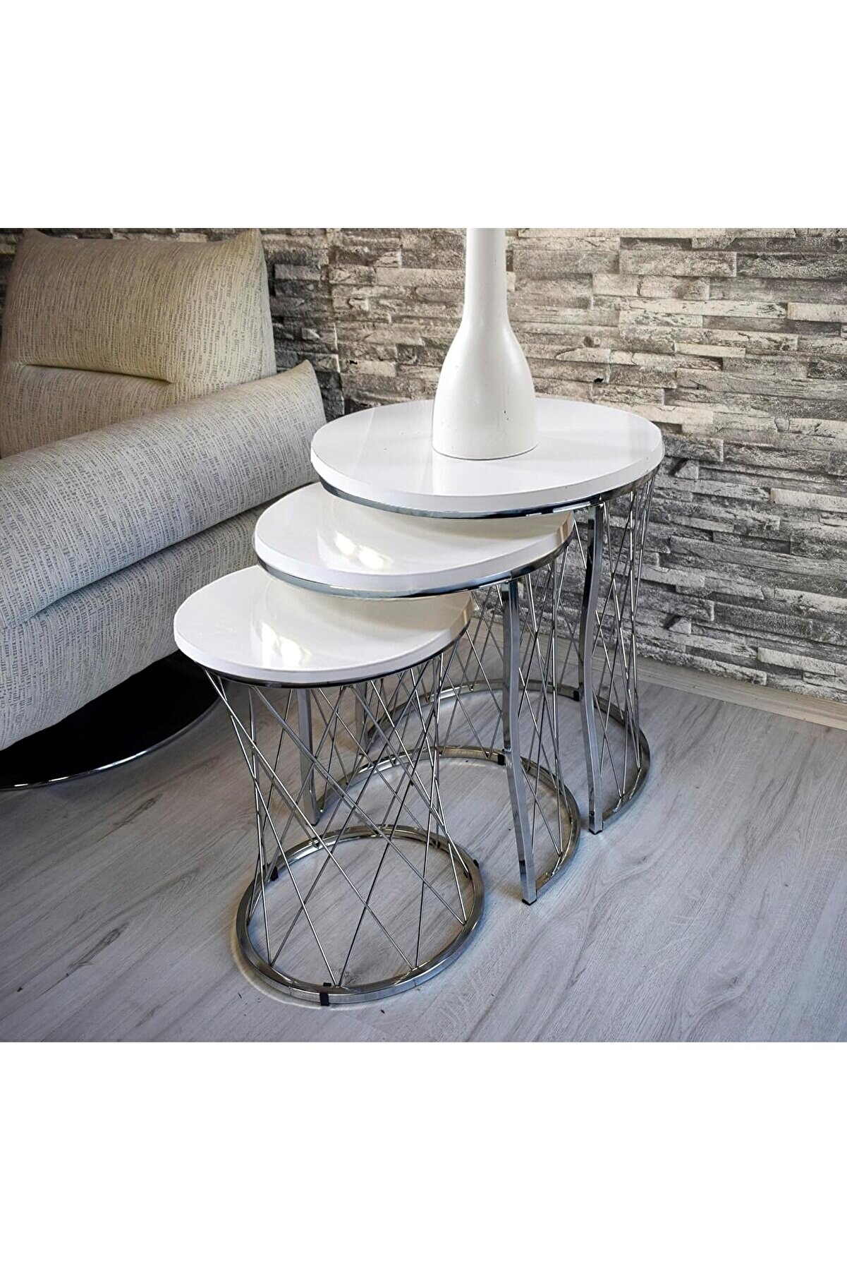 STOREMAX LIVING UNITS 3 LÜ Hasır Telli Beyaz Suntalam Nikel Metal Ayak Zigon Sehpa Sehpa-takimi-zigon-sehba