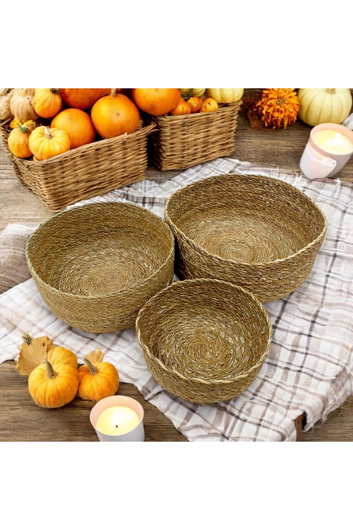 STOREMAX 3'lü Rustik El Yapımı Doğal Yuvarlak Hasır Düzenleyici Seti | 3'lü Hasır Yuvarlak Organize