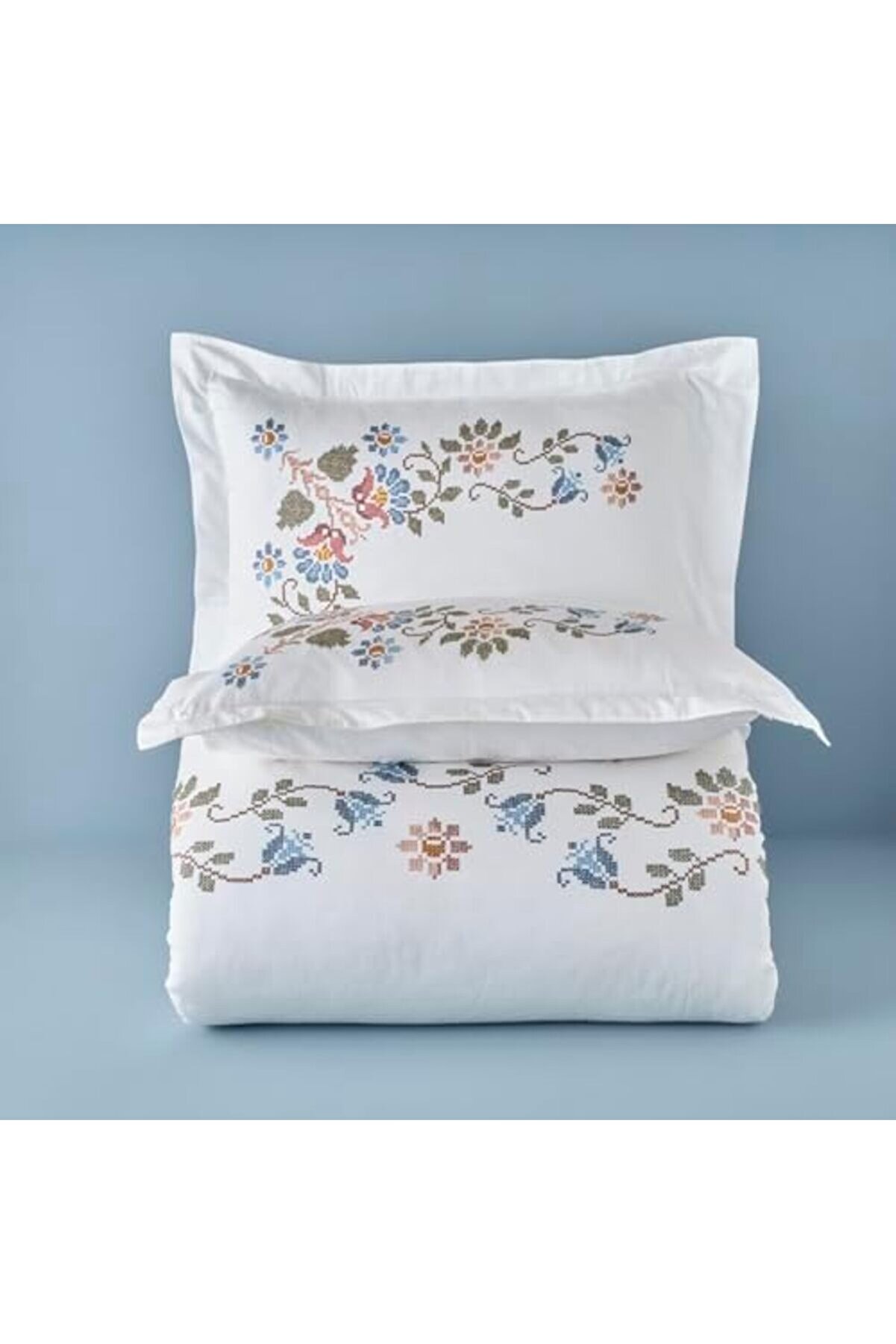 &Ccedil;i̇&ccedil;ek Desenli̇%100 Pamuk Nevresi̇m Seti̇, Beyaz, &Ccedil;i̇ft Ki̇şi̇li̇k (Nevresi̇m 200X220 Cm / 2 Adet Yastık Kıl