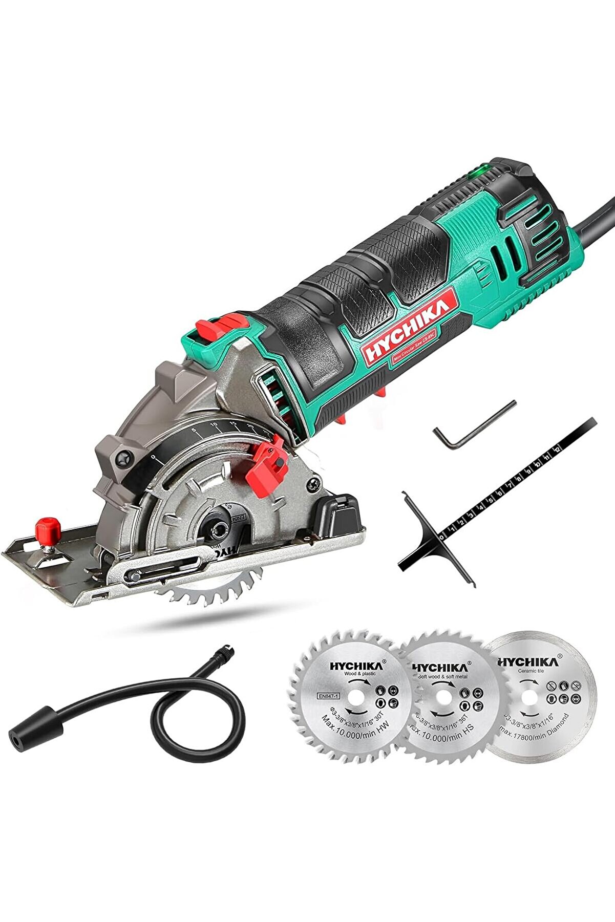 STOREMAX elizzashop mini daire testere, 3 testere bıçaklı el testeresi, lazer kılavuzu, ölçek cetveli, 500 W