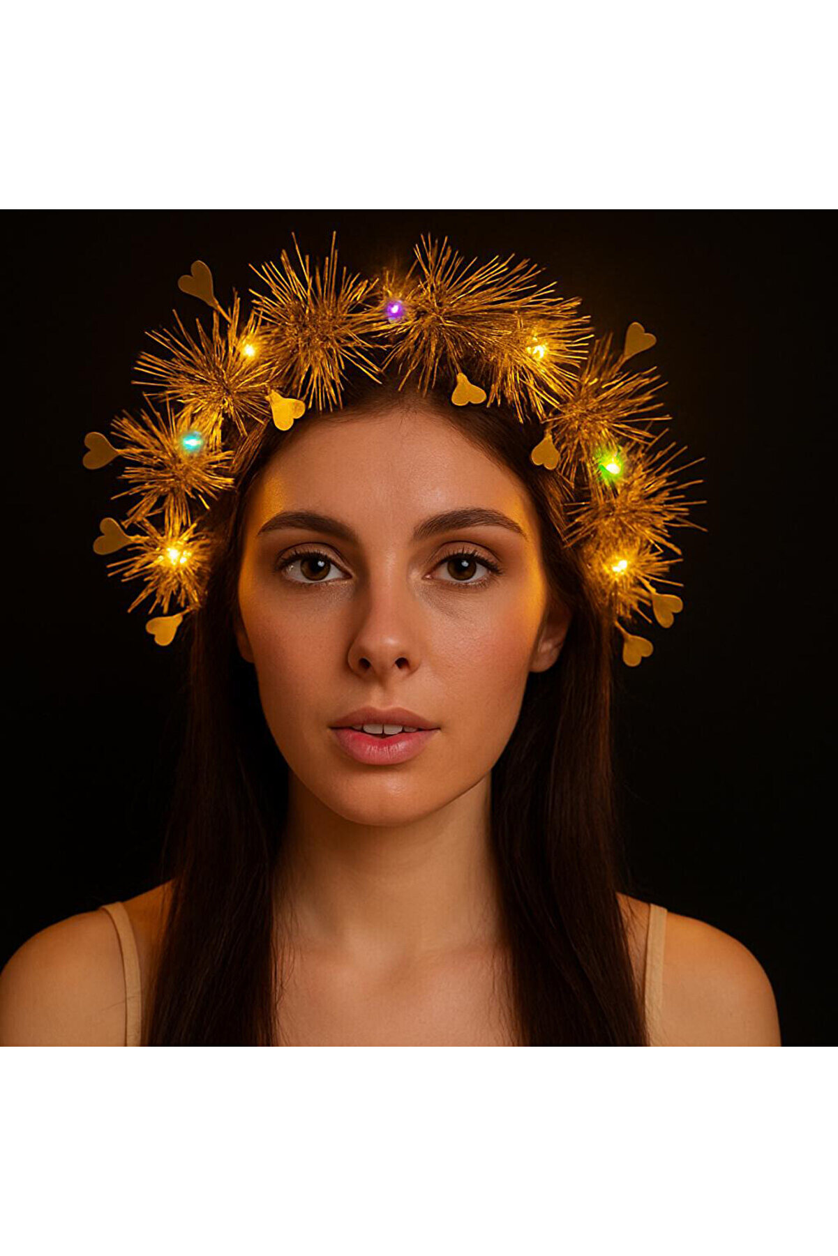 Go İthalat Kalp P&uuml;sk&uuml;ll&uuml; Gece Parıltısı 3 Modlu Led Li̇ Işıklı Ta&ccedil; Altın Renk (5273)