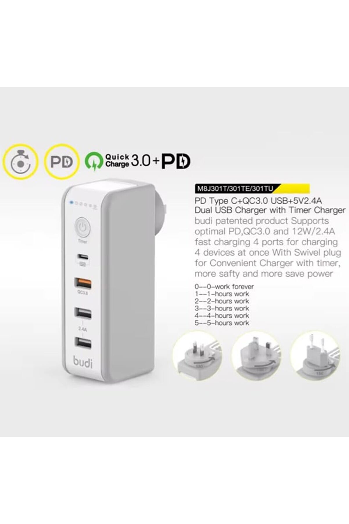 30 Watt Pd18W Zaman Ayarlı Usb Çıkışlı Pri̇z 180 Derece Döndürülebi̇li̇r Fi̇ş Qc3.0 2.4A Usb Çıkışlı M8J