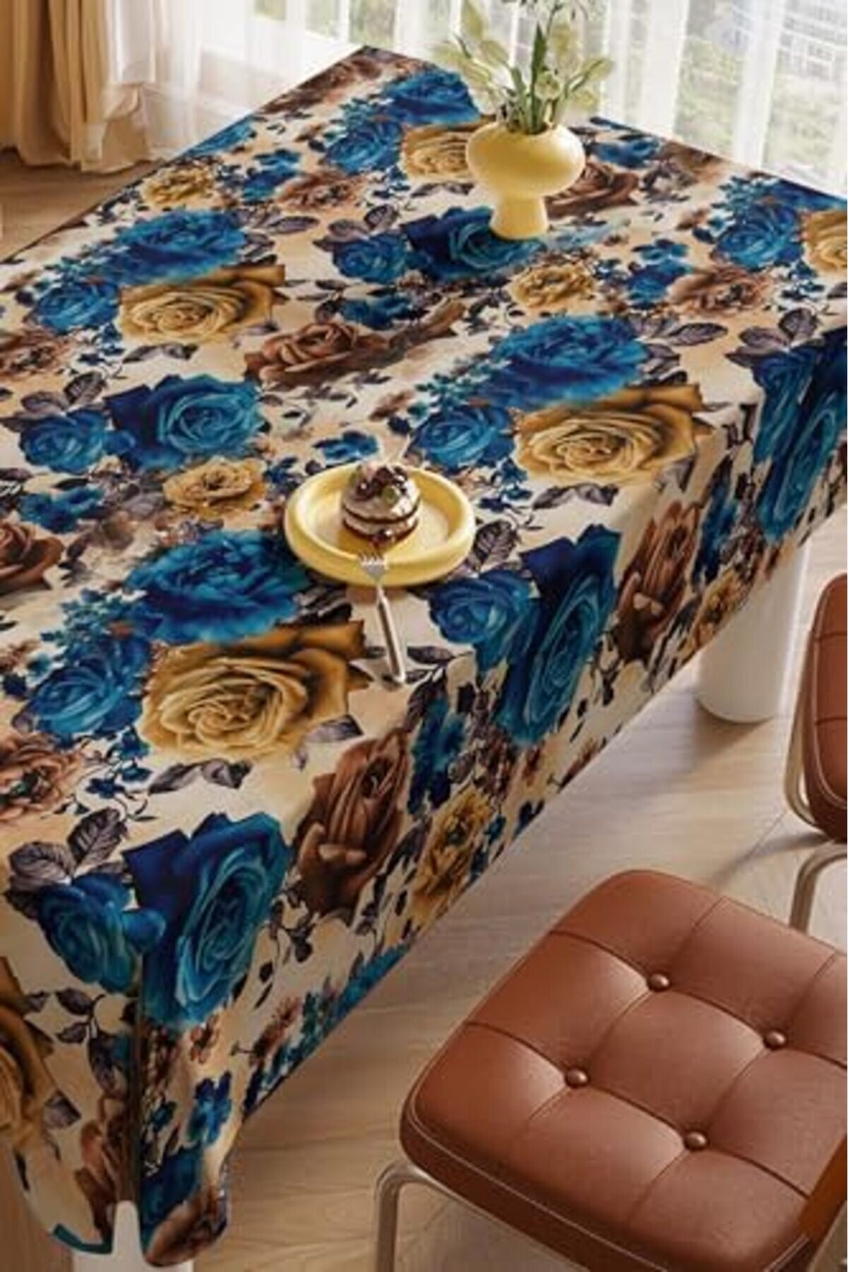 & Laurel Baskılı Yıkanabi̇li̇r Masa Örtüsü Mutfak Bahçe Pi̇kni̇k Masa Örtüsü Mavi̇ Ağırlıklı Çi̇çek Desenl