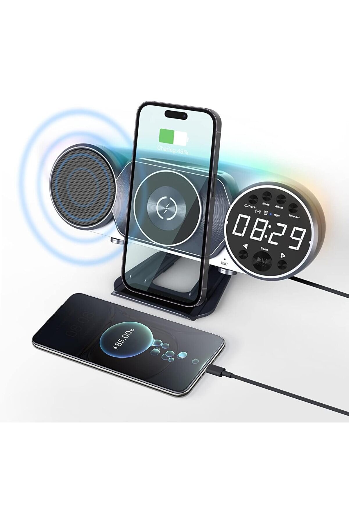 STOREMAX mrtshoppng Çift Telefon Şarj Desteği USB Kablosuz Şarjlı Hoparlör Çok Fonksiyonlu FM Radyo Çalar Saa