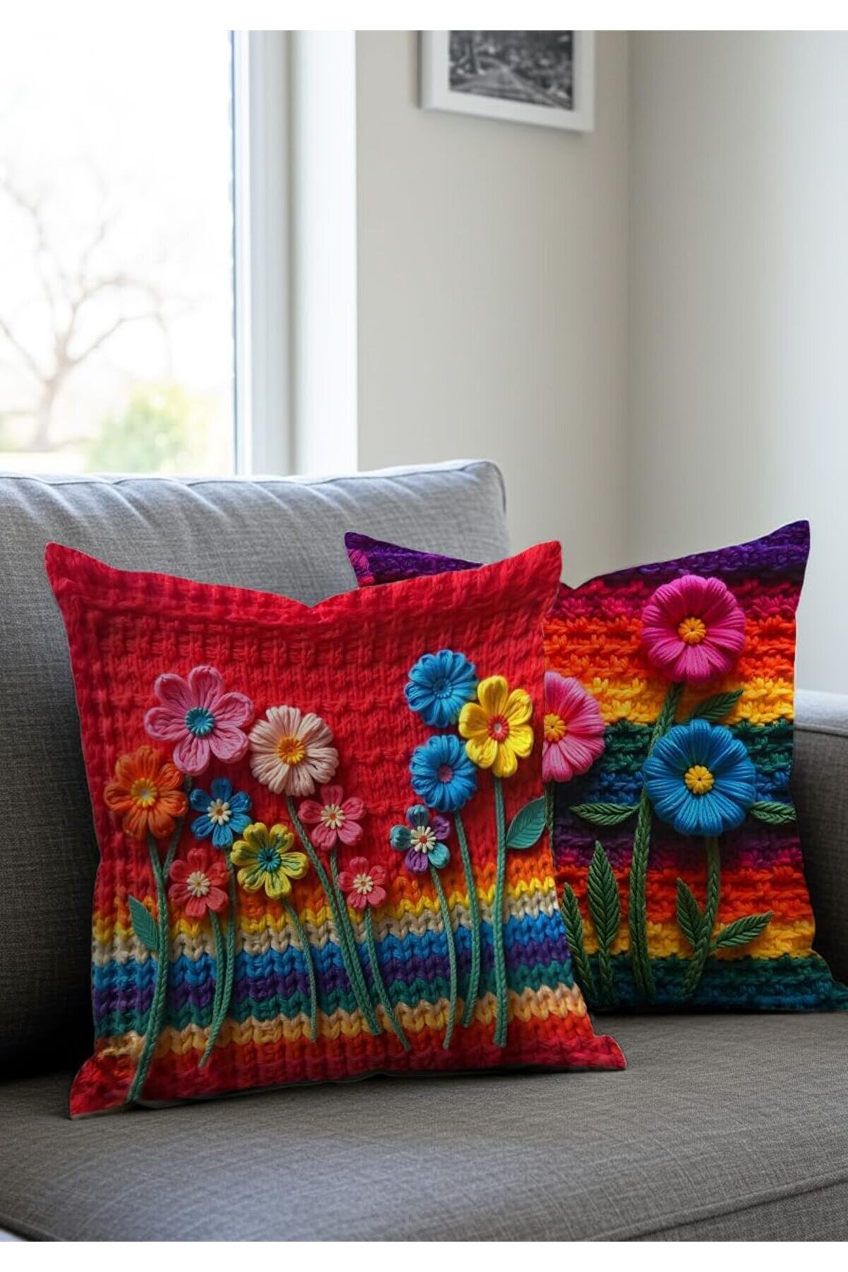 Shpsell Nakış Desen Baskılı Premi̇um Kadi̇fe &Ccedil;i̇&ccedil;ek Desenli̇ Baskılı Kırlent Kılıfı, 2 Li̇ Set, Mor-