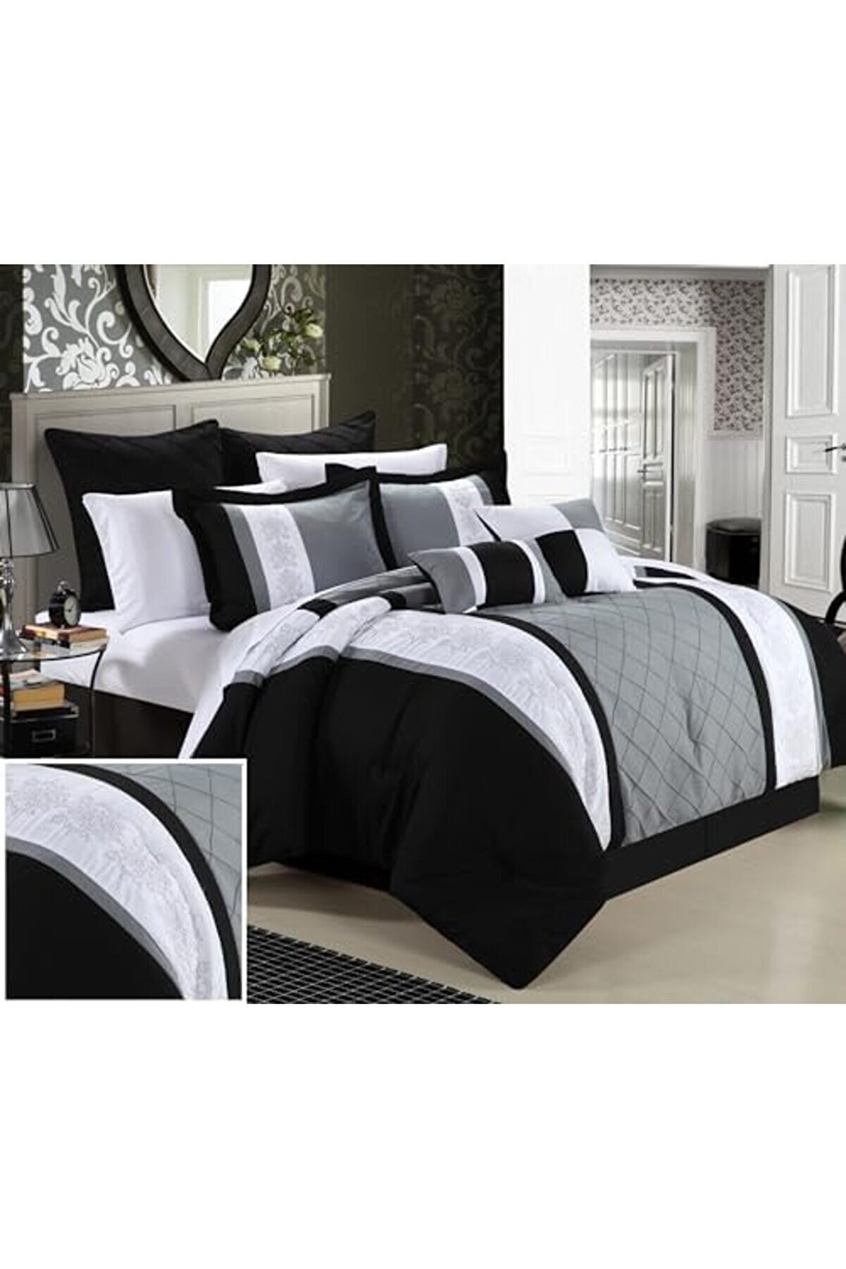 8 Par&ccedil;a Nakış Yorgan Seti̇,, Si̇yah 1014773