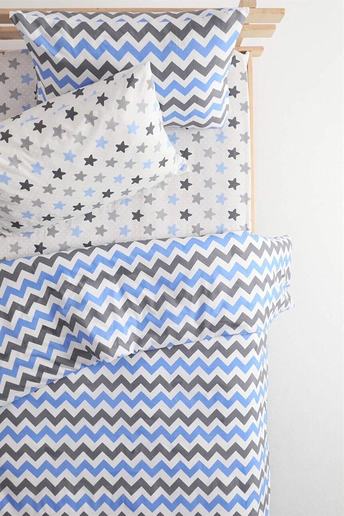 STOREMAX Zigzag Desenli Lastikli Çarşaflı Pamuklu Tek Kişil Mavi 1175713