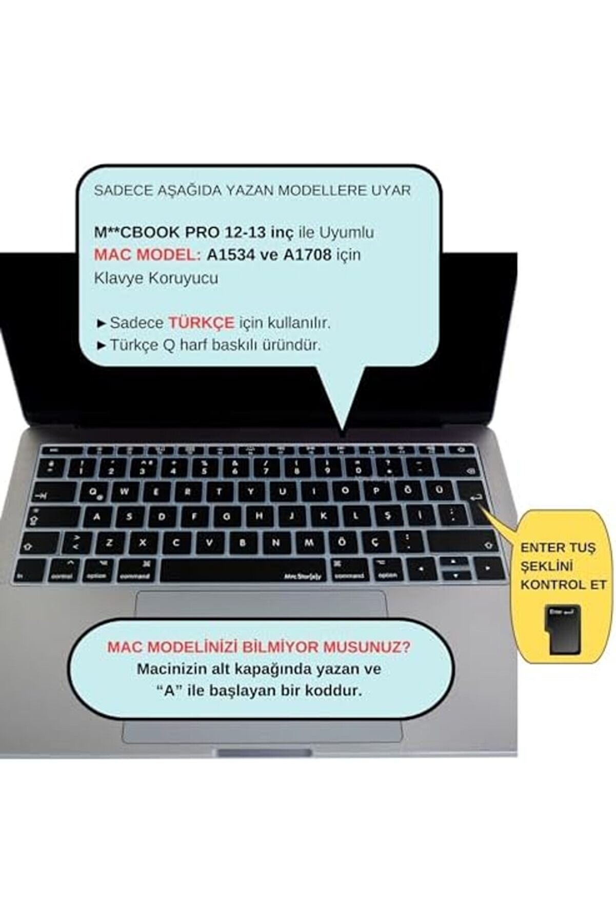 Laptop Pro Klavye (Türkçe Q) 12İnç A1534-13İnç A1708 İle Uyumlu Si̇yah 978262