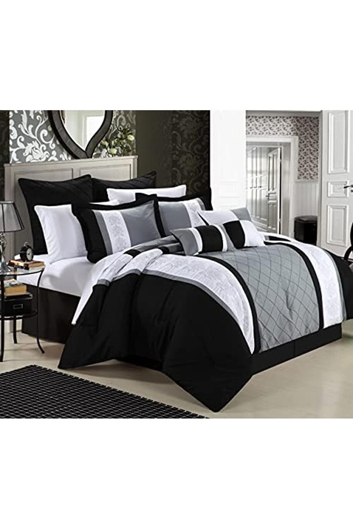 8 Par&ccedil;a Nakış Yorgan Seti̇,, Si̇yah 1014773