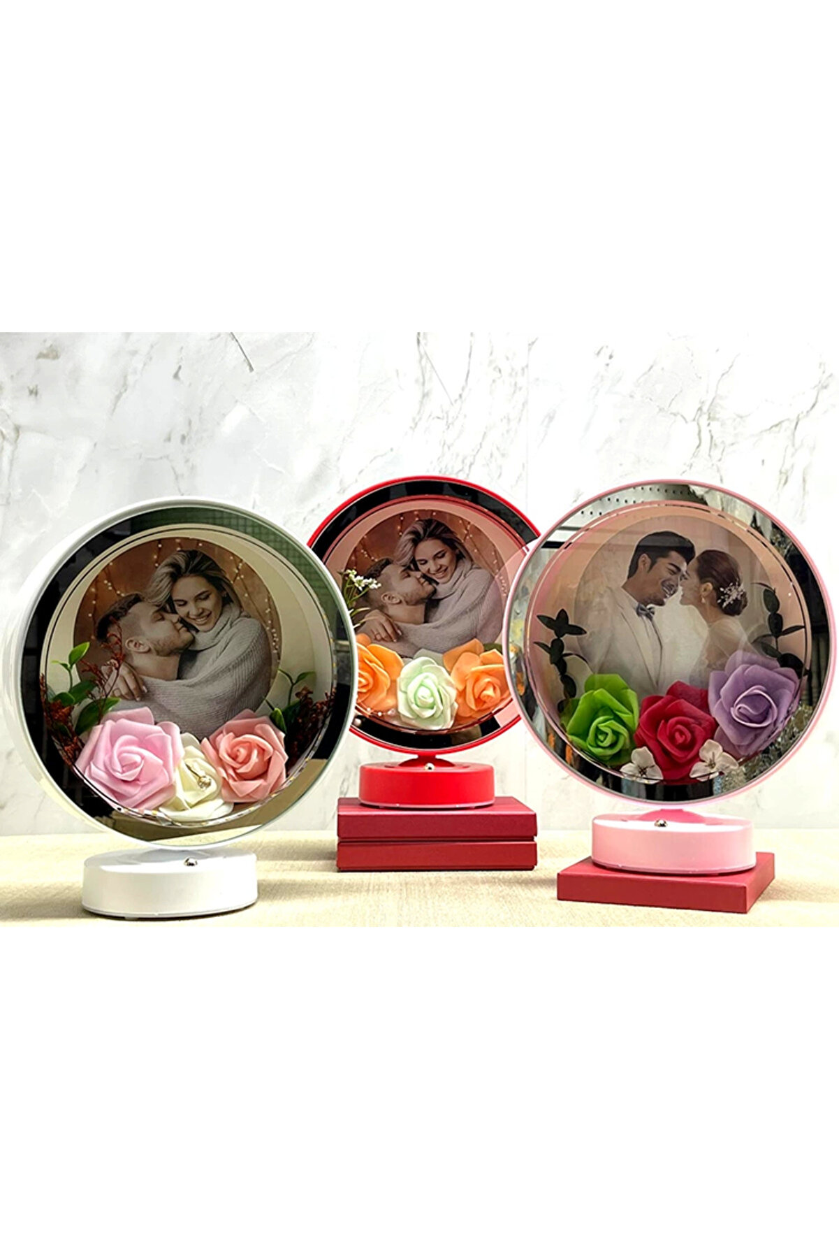 gizmurstore Kişiye Özel Gül Desenli Fotoğraf Alanlı Ledli Çerçeve