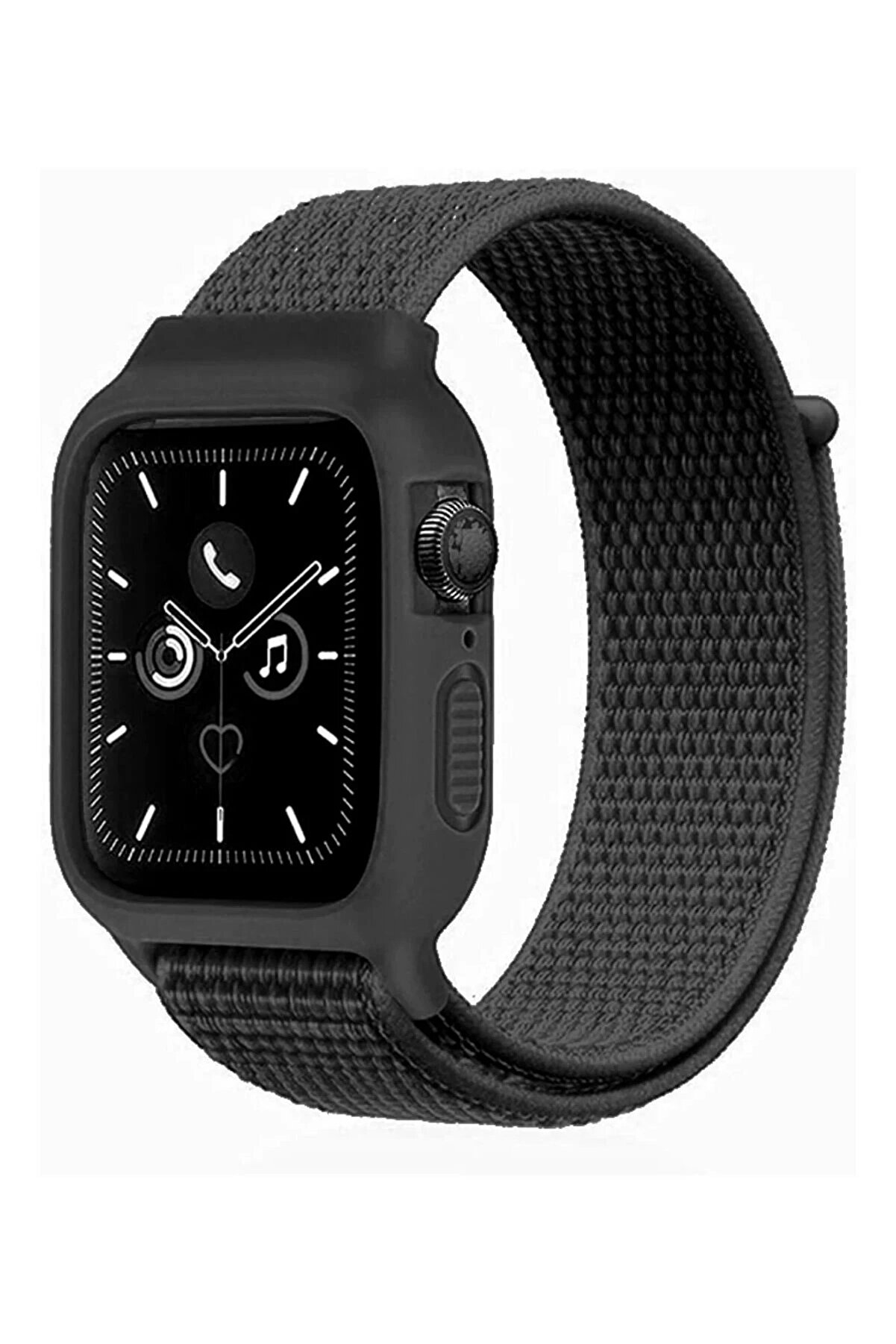 Tech Gross Apple Watch 38mm Hasırlı Cırtcırtlı Kasalı Kordon - Siyah-(5796)