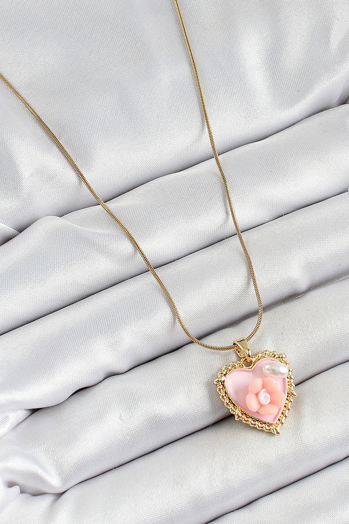 316L &Ccedil;eli̇k Zi̇nci̇r Pembe Sanatsal Portre İnci̇ Detaylı Papatya Fi̇g&uuml;rl&uuml; Kalp Model Gold Renk Kadın Ke