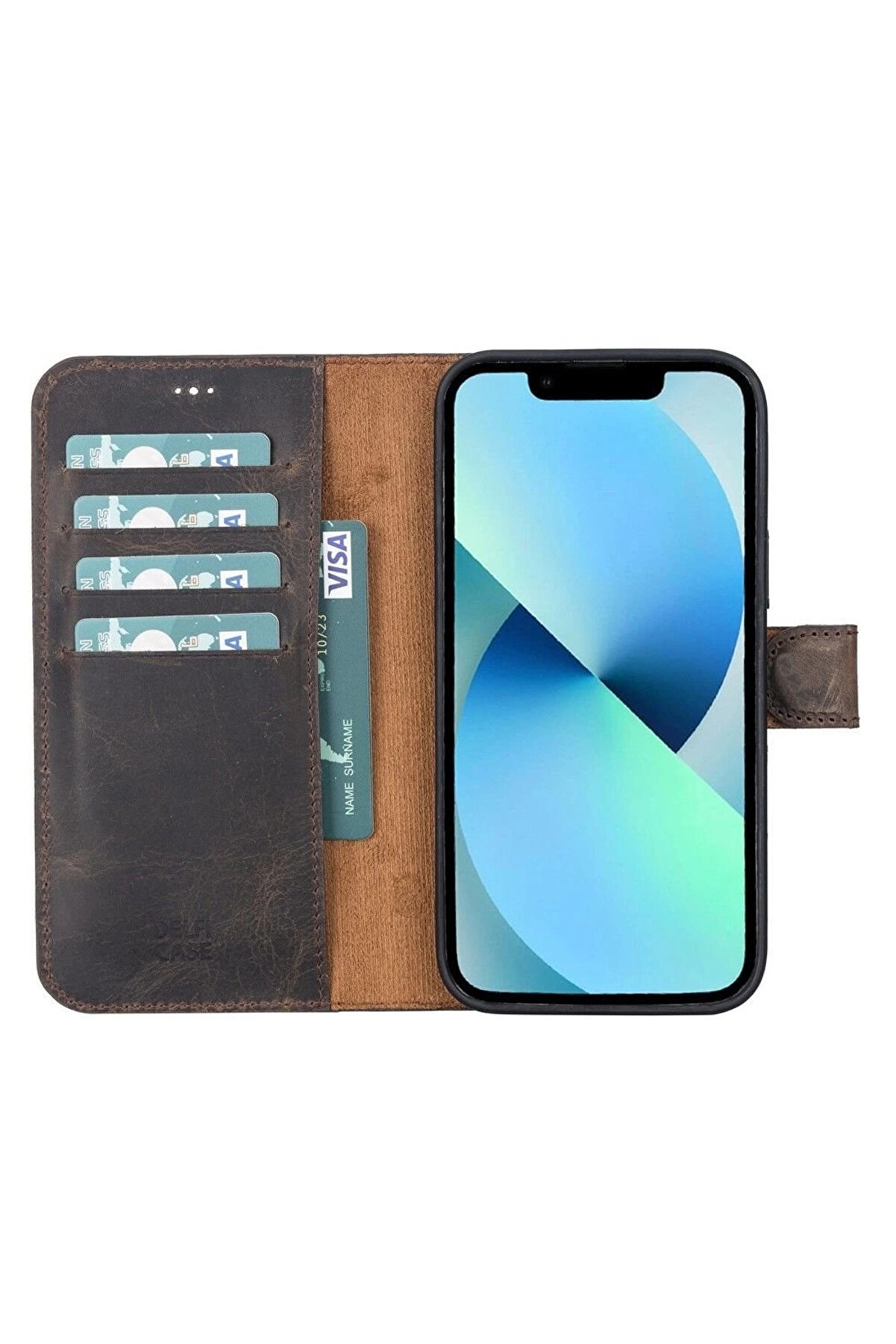 Apple İphone 13 Pro Max Uyumlu Deri̇ Cüzdanlı Kılıf Acı Kahve