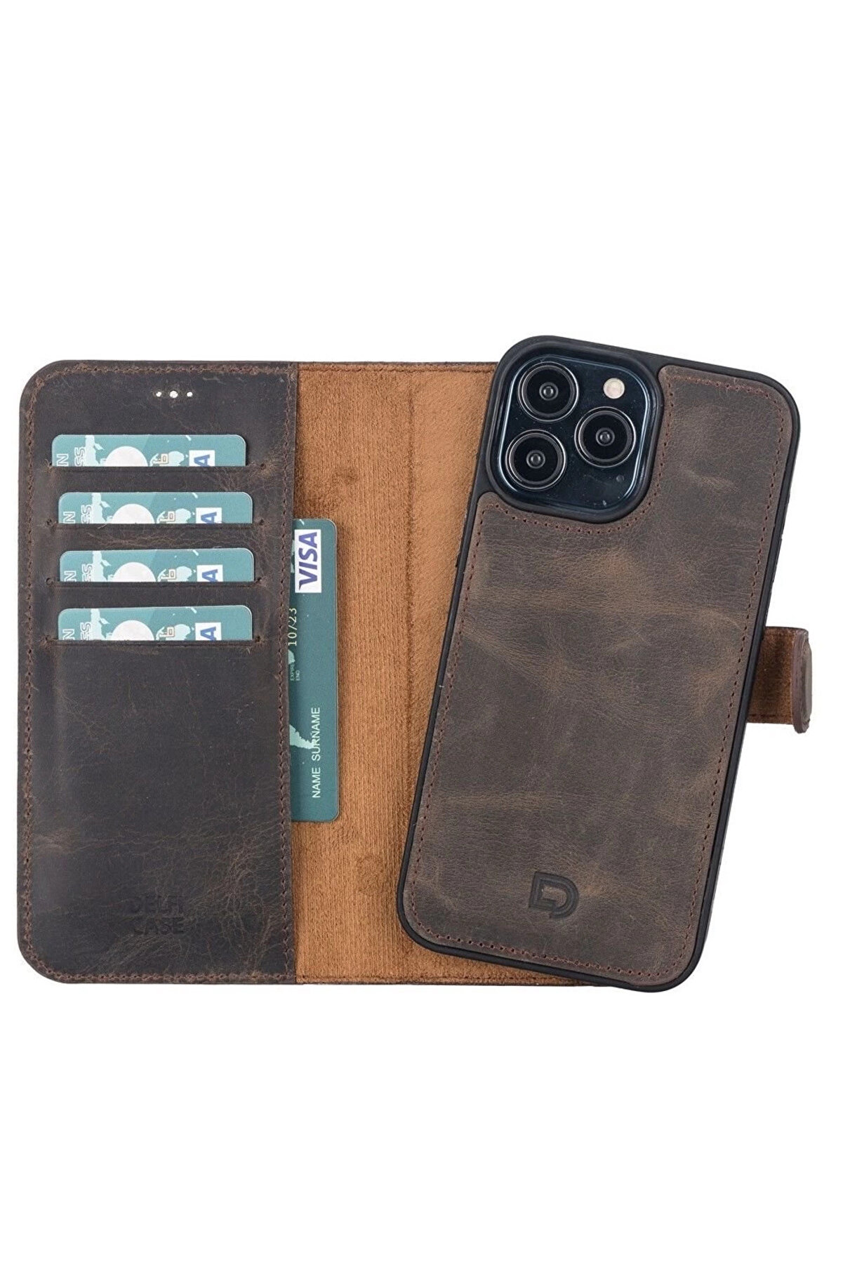 FrereConception Apple iPhone 13 Pro Max Uyumlu Deri Cüzdanlı Kılıf Acı Kahve