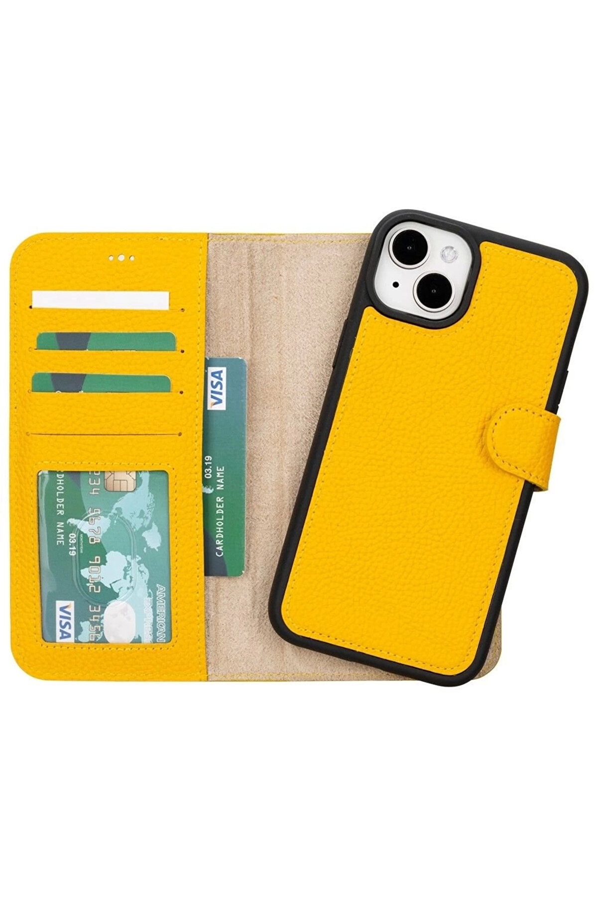 dreamingo Apple iPhone 15 Plus Uyumlu Deri Cüzdanlı Kılıf MWWN FL12 Sarı