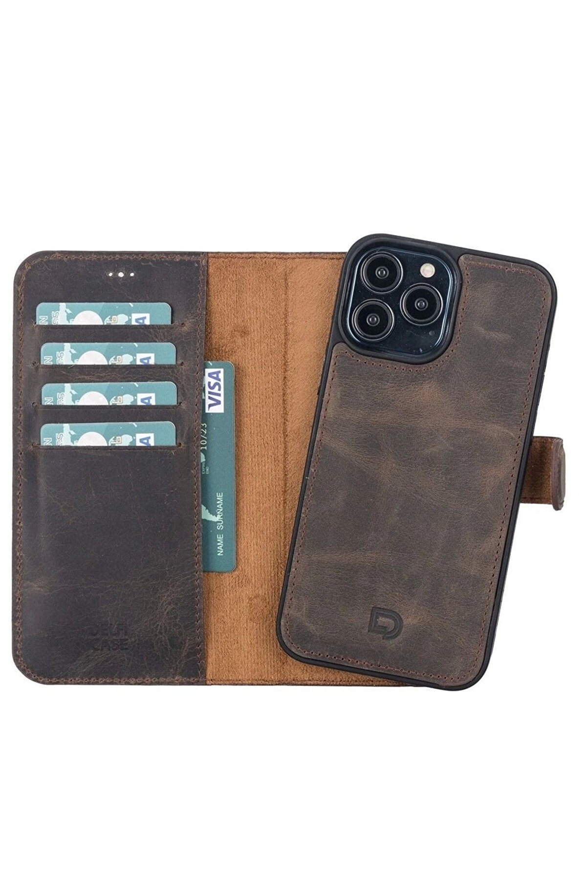 Apple İphone 13 Pro Max Uyumlu Deri̇ Cüzdanlı Kılıf Acı Kahve