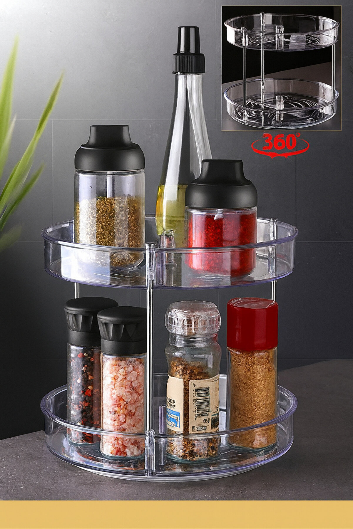 Çok Amaçlı 360° Dönen 2 Katlı Organi̇zer – Makyaj, Takı Ve Baharat Düzenleyi̇ci̇ Şeffaf Akri̇li̇k Stand