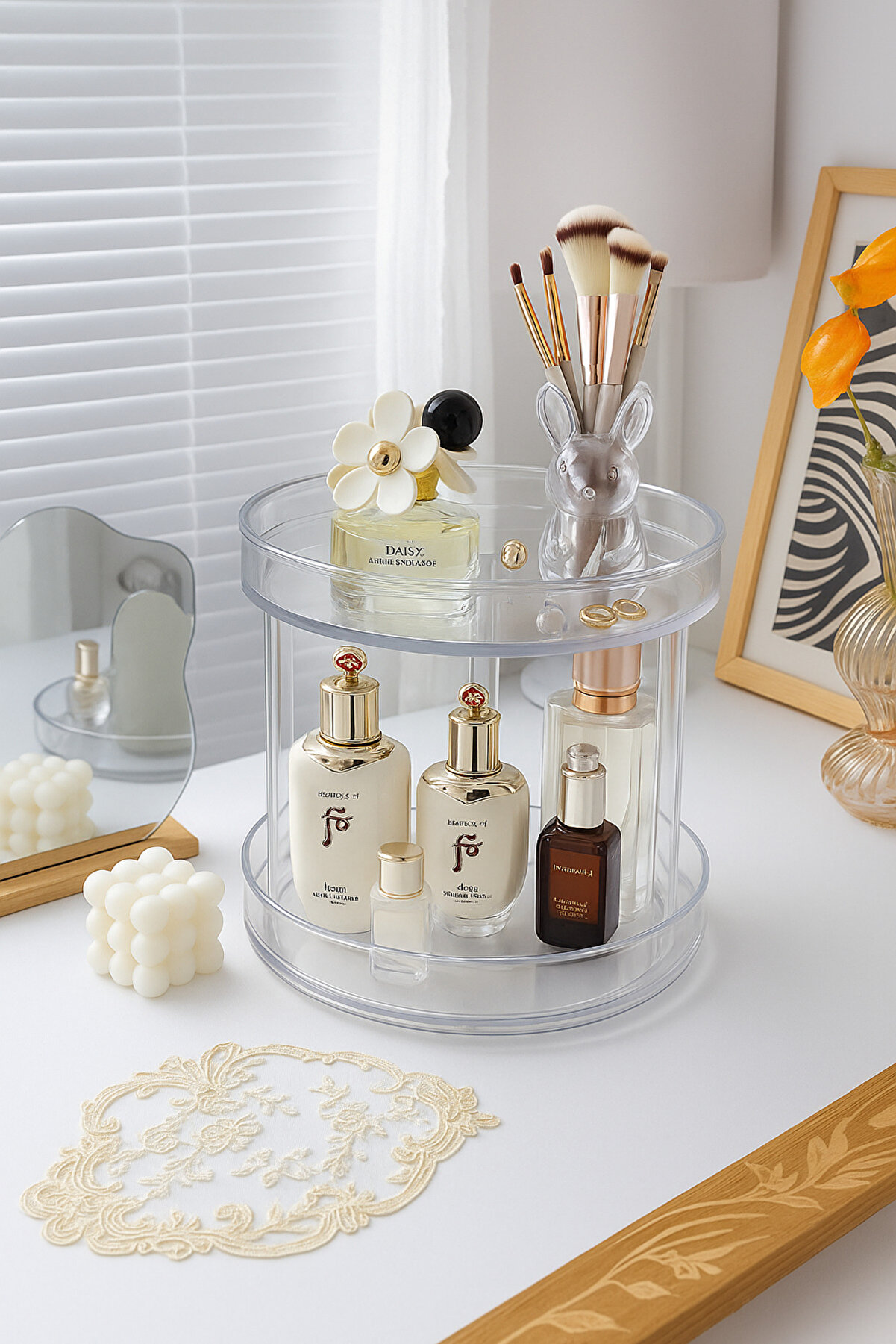 TRENDMEN Çok Amaçlı 360° Dönen 2 Katlı Organizer – Makyaj, Takı ve Baharat Düzenleyici Şeffaf Akrilik Stand