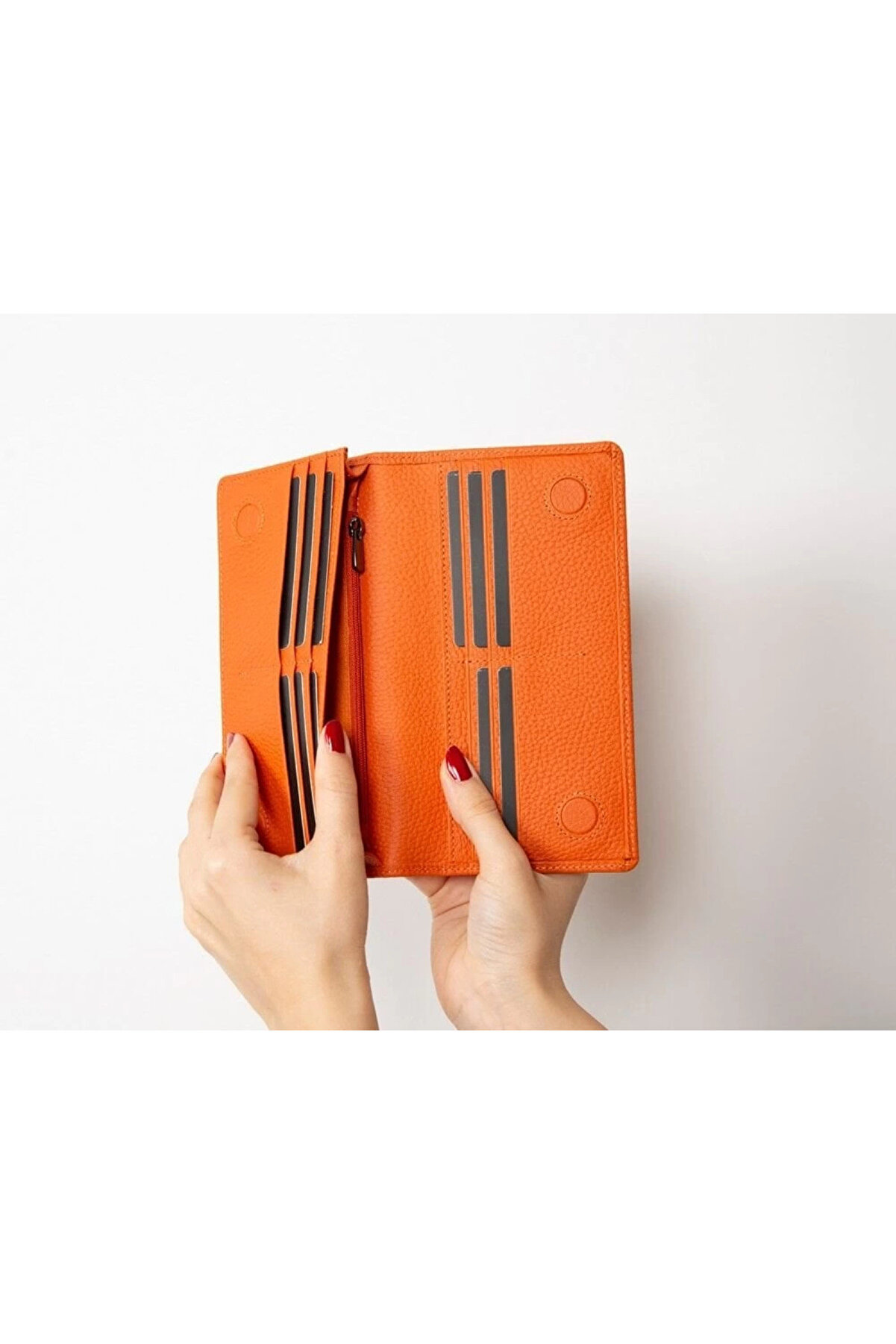 Aura Haki̇ki̇ Deri̇, El Yapımı, Telefon Bölmeli̇, Kadın Cüzdanı, Portakal Renk