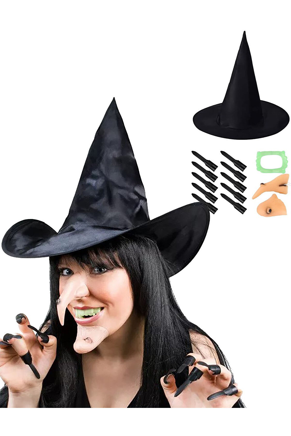 Ethab Ti̇caret Cadı Kost&uuml;m Seti̇ - Cadı Şapkası, Cadı Tırnakları, Cadı Burnu, Cadı &Ccedil;enesi̇, Cadı Di̇şi̇