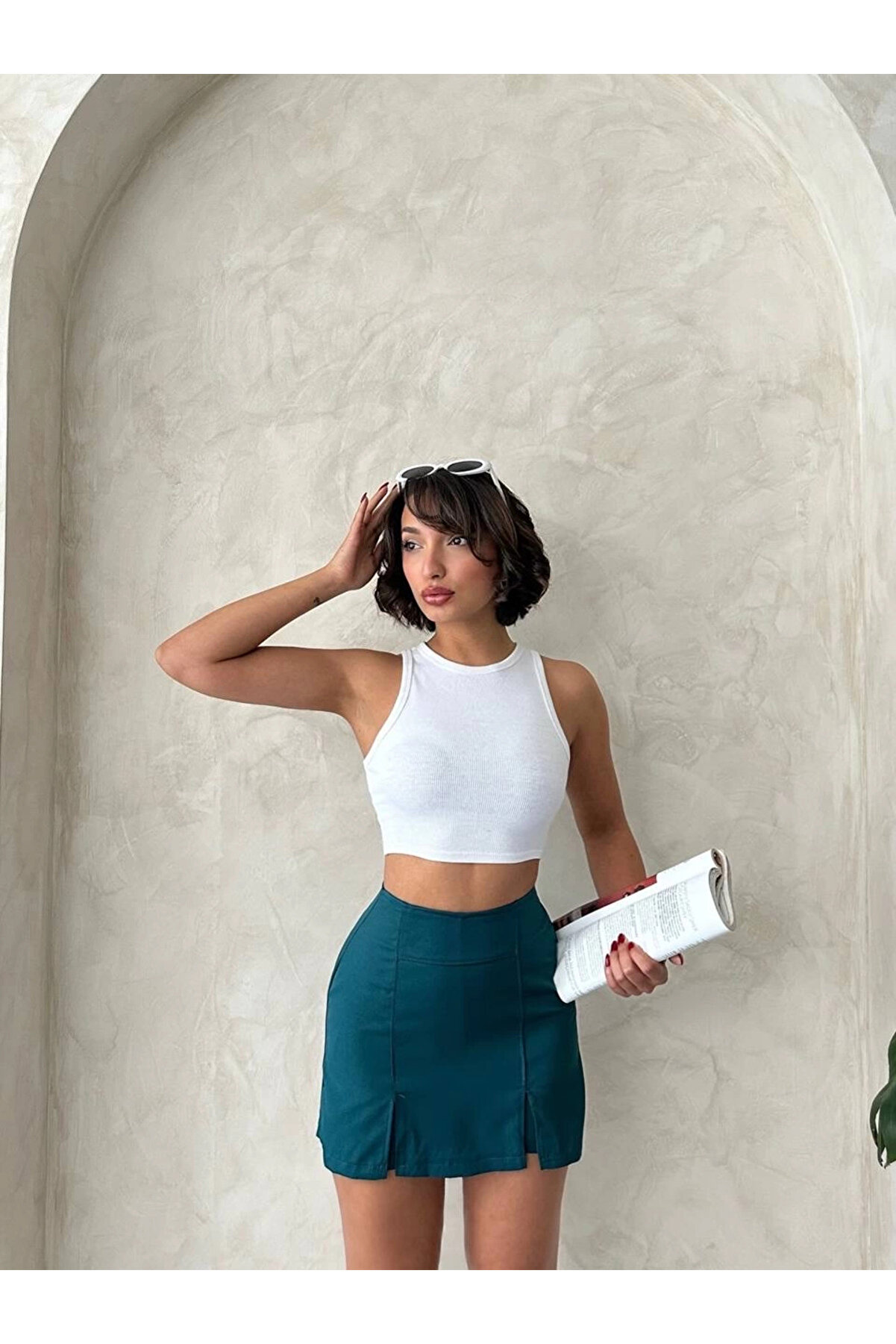 Ymywear &Ccedil;i̇ft Yırtma&ccedil;lı Atlas Şort Etek Petrol Yeşi̇li̇ S240364
