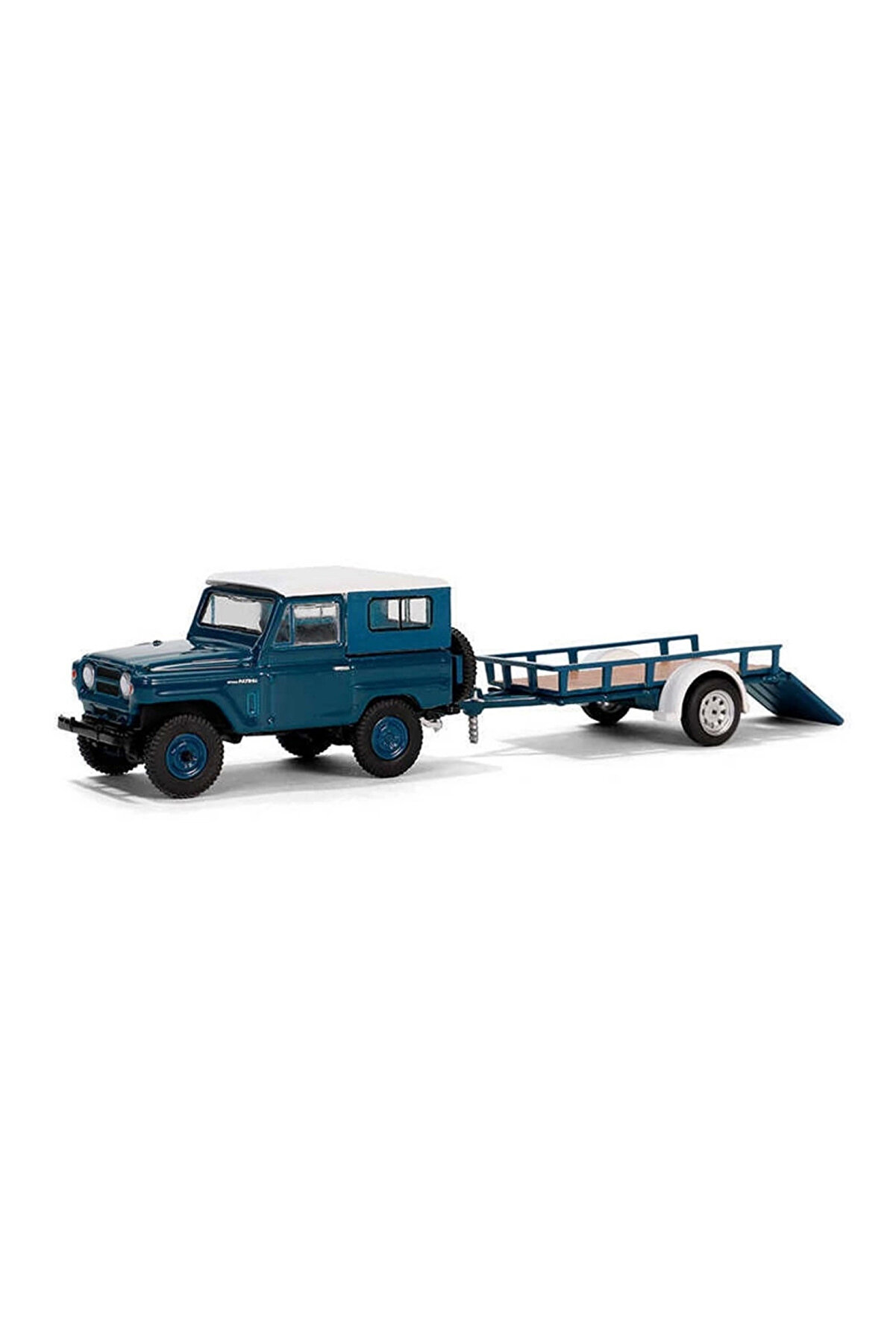 TE DÜKKAN Greenlight 1/64 Hitch & Tow Series 31 - 1961 Nissan Patrol Hard Top with Utility Trailer