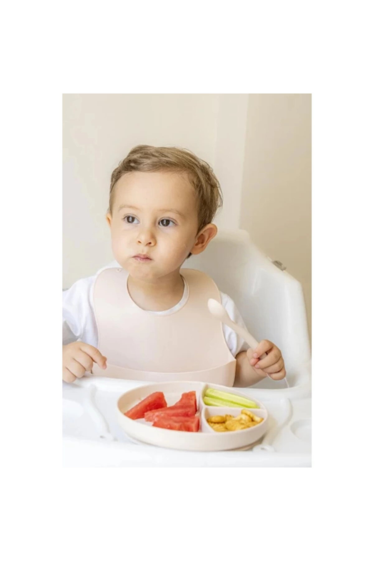 Krem Rengi̇ 3&rsquo;L&uuml; Si̇li̇kon Yemek Seti̇ &ndash; &Ouml;nl&uuml;k + Di̇ş Kaşıyıcılı Kaşık + Vakumlu Tabak