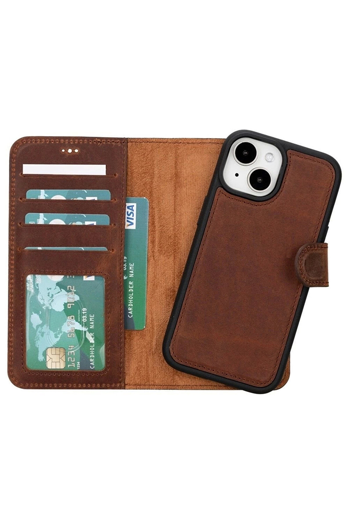 FrereConception Apple iPhone 15 Uyumlu Deri Cüzdanlı Kılıf MWWN G2 Kahve