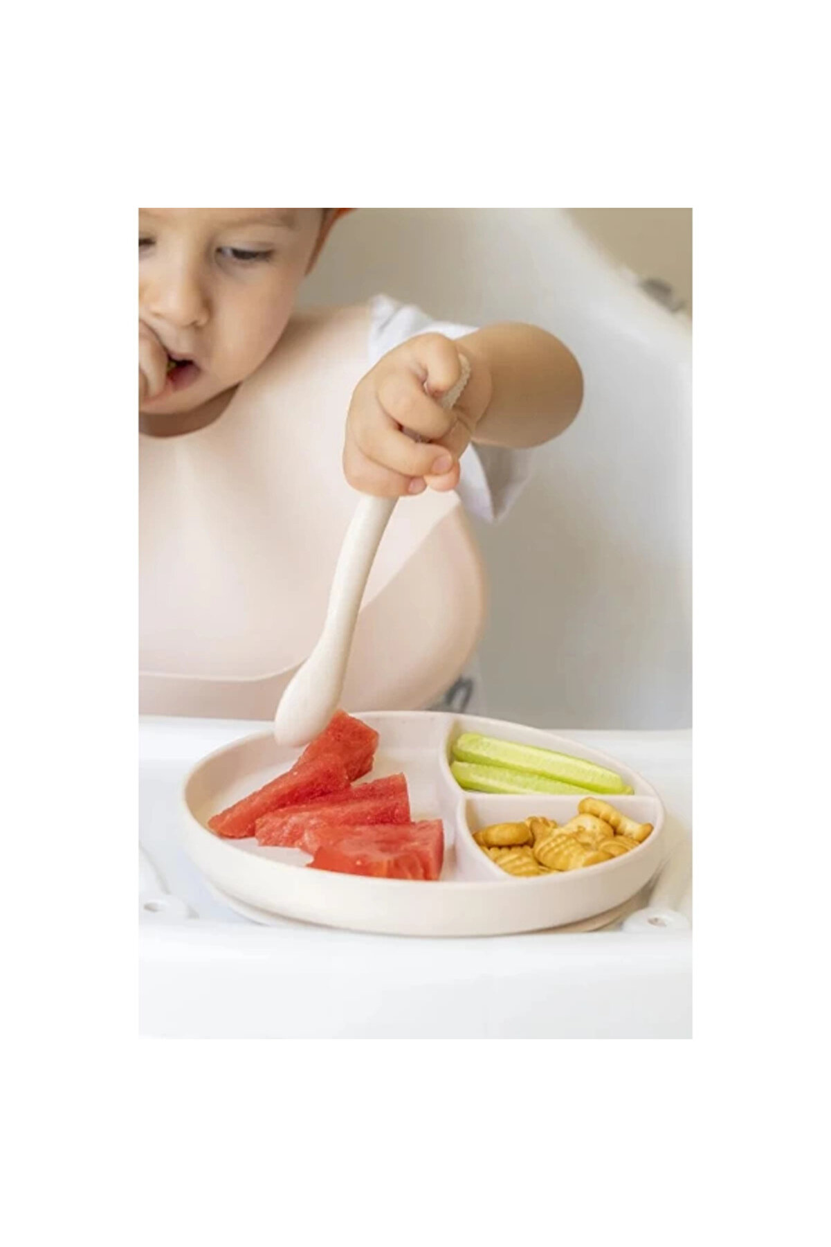 Krem Rengi̇ 3&rsquo;L&uuml; Si̇li̇kon Yemek Seti̇ &ndash; &Ouml;nl&uuml;k + Di̇ş Kaşıyıcılı Kaşık + Vakumlu Tabak